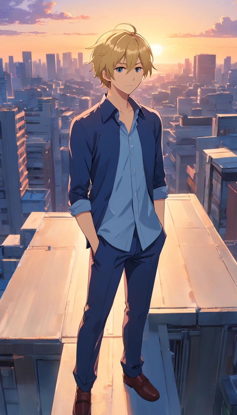 Two-block short hairstyle, short blonde Japanese anime male, beard, 40 years old, full body, wearing dark blue set-up, white shirt, rooftop of building with sunset view