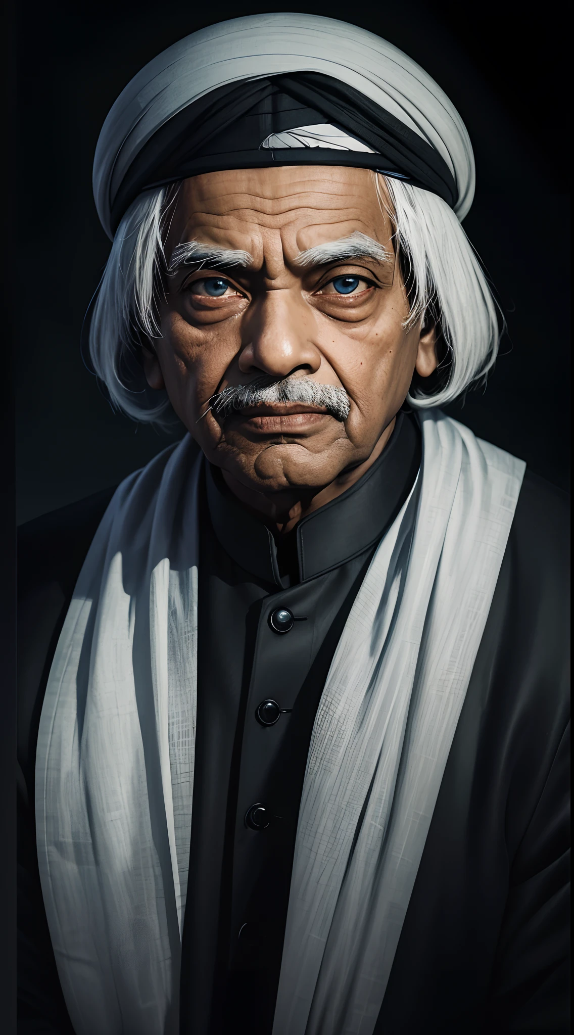 A portrait of A. P. J. Abdul Kalam, eyes fokus on camera,  dark tone, dark background