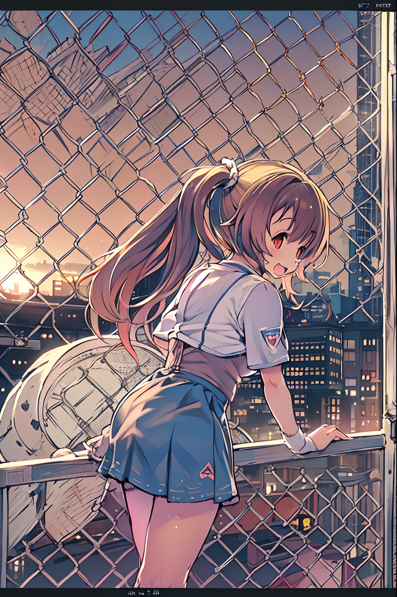 (masutepiece:1.2) (Best Quality) (Detailed) (Convoluted) (8K) (nffsw) (Wallpaper) (Cinematic lighting) (Sharp Focus),1girl in, building, chain-link_fence, fence, Skyscraper, Cityscape, felis_Wheel, Blue_skyporn, city, racket, skyporn, blush, tennis_racket, sky line, On the rooftop, architecture, Smile, day, east_Asian_architecture, lens_f lare, tower, Bridge, Duan, Open_Mouth, Real_A WORLD_location, Abigail