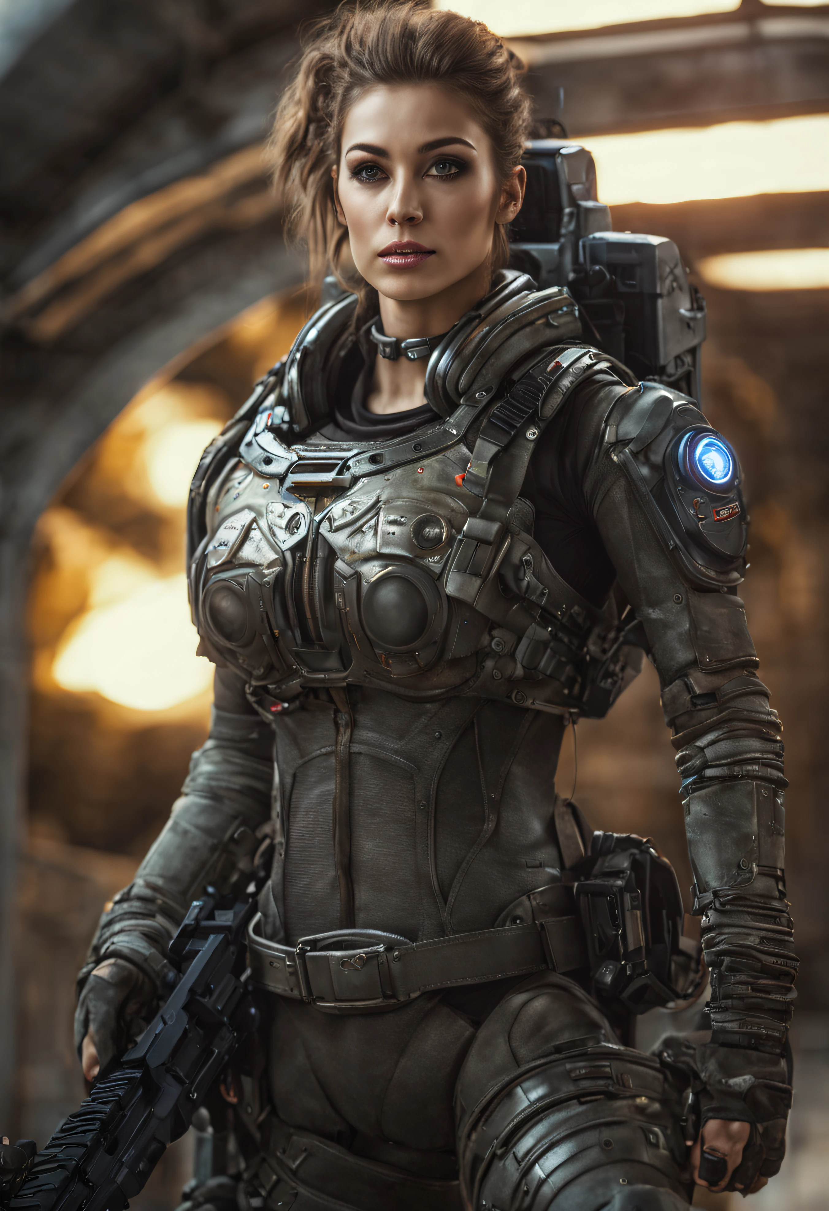 mujer alienigena extraterrestre, considerada como una de las razas mas bellas de la galaxia, con una cara, ojos y labios sensuales, vestida con uniforme sexy de gears of war, ((se encuentra en centro de control de estacion espacial)). hiperrealista, imagen nitida, 8k. imagen cinematografica. (intrincados detalles de la maquina)