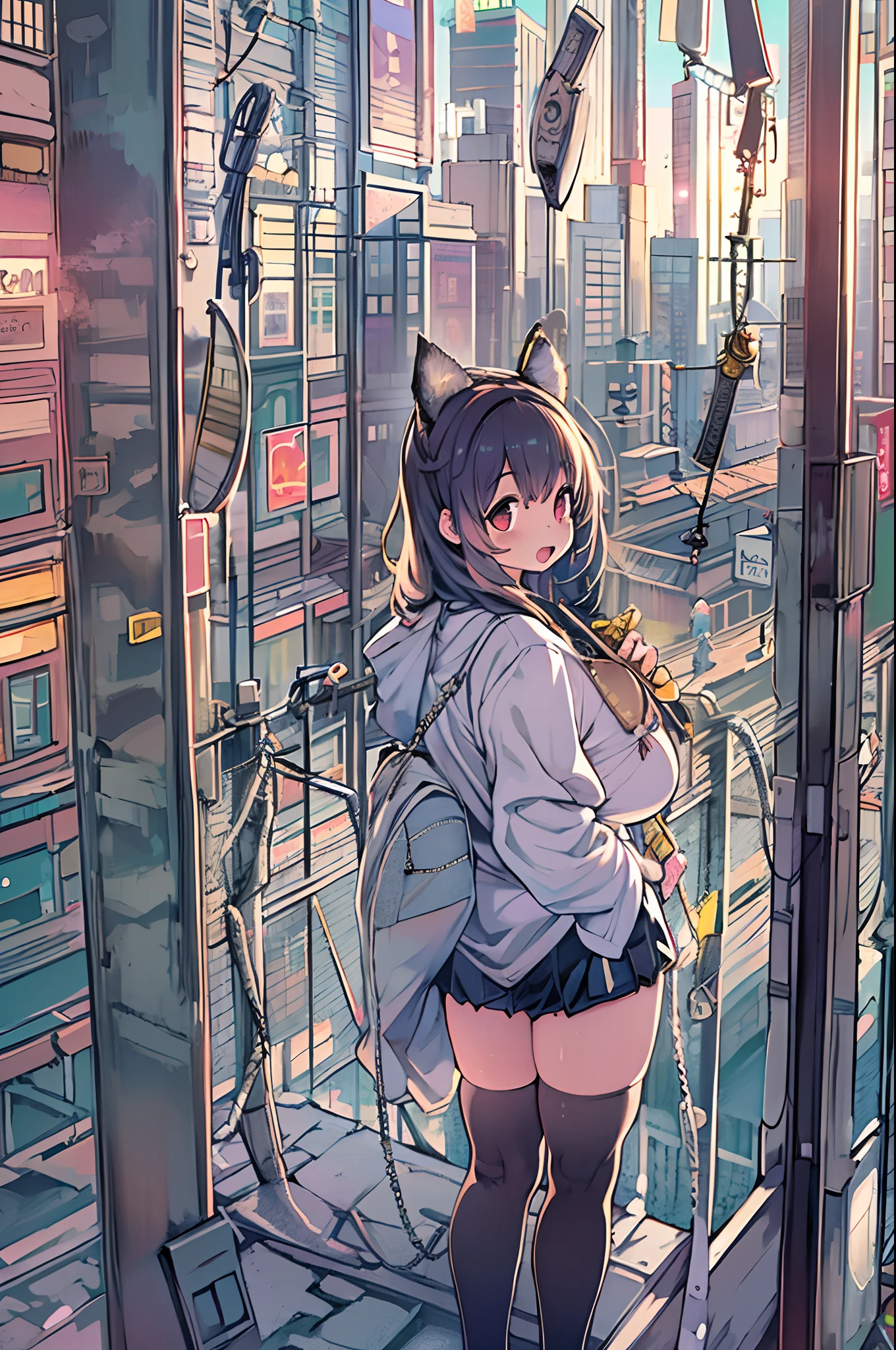 (masutepiece:1.2) (Best Quality) (Detailed) (Convoluted) (8K) (nffsw) (Wallpaper) (Cinematic lighting) (Sharp Focus),1girl in, building, chain-link_fence, fence, Skyscraper, Cityscape, felis_Wheel, Blue_skyporn, city, racket, skyporn, blush, tennis_racket, sky line, On the rooftop, architecture, Smile, day, east_Asian_architecture, lens_f lare, tower, Bridge, Duan, Open_Mouth, Real_A WORLD_location, Abigail