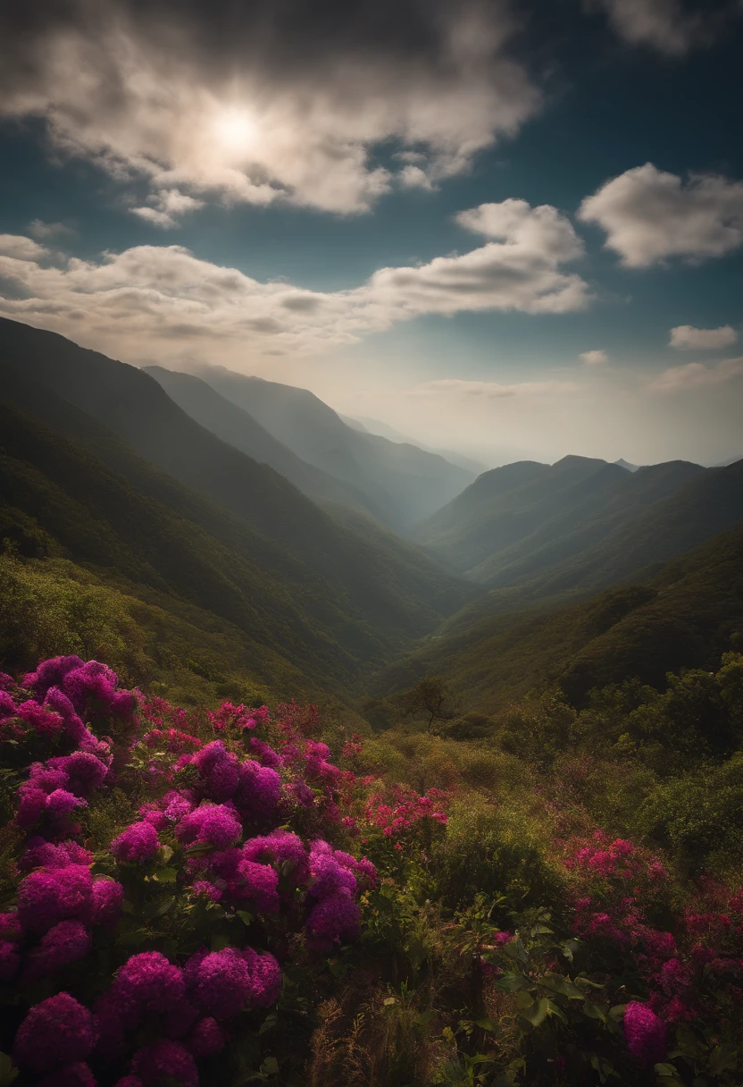 Realistic, cinemactic, ponto de vista, Bacia de flores diferentes, vista aberta para a montanha, natural lighting, Escuro