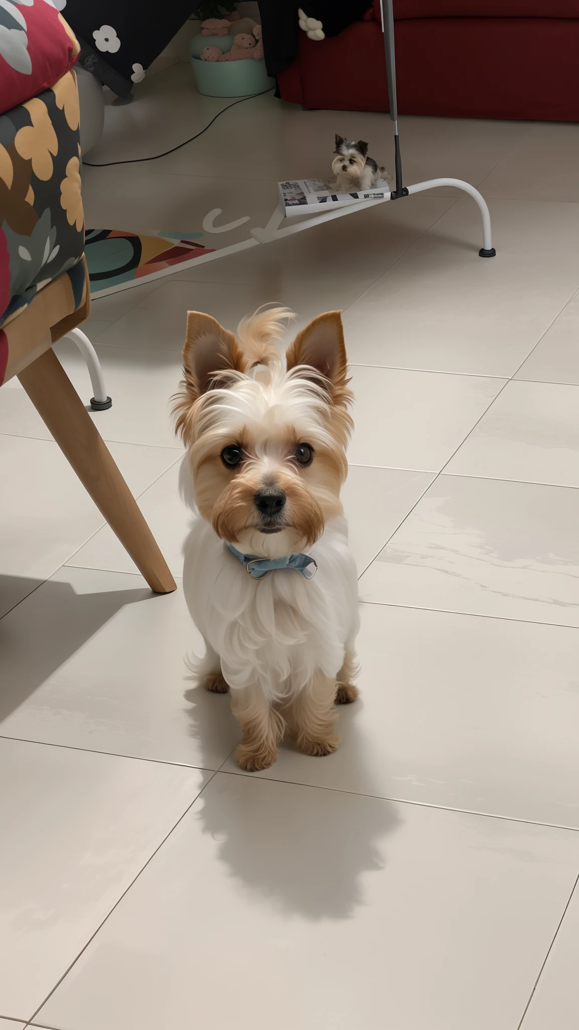 There's a small dog standing on the floor in a living room, olhar desleixado, Yorkshire Terrier, small dog, Mistura Pomeriana, peludo bonito precisa de sua ajuda, bonito, Toca, aw, Directed by: Emma Andijewska, Tomado com Sony Alpha 9, Miko, taken in the early 2020s, 2 anos, Rocco, 8k!!