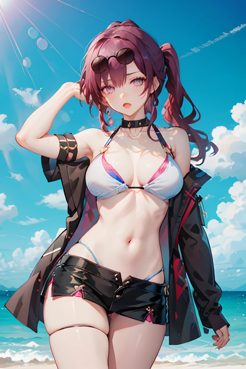 8k, highres, ultra detailed, (masterpiece:1.4), 2 girls , alcohol , bare shoulders , beach , bikini , black bikini , black skirt , blue sky , blush , cleavage , eyewear on head , large breasts , long hair , looking at viewer , miniskirt , navel , open mouth , ponytail , pouring onto self , purple eyes , purple hair , sidelocks , skirt , sky , solo focus , sunglasses , swimsuit , thigh strap , thighs , underboob , wine , wine glass