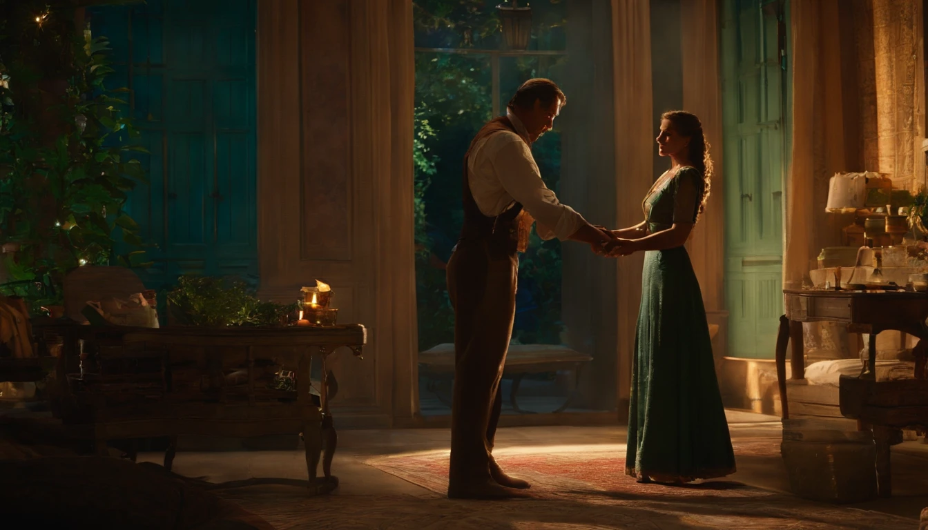 Create an image that captures the magical bond between Lara and John returning home ,sua aldeia