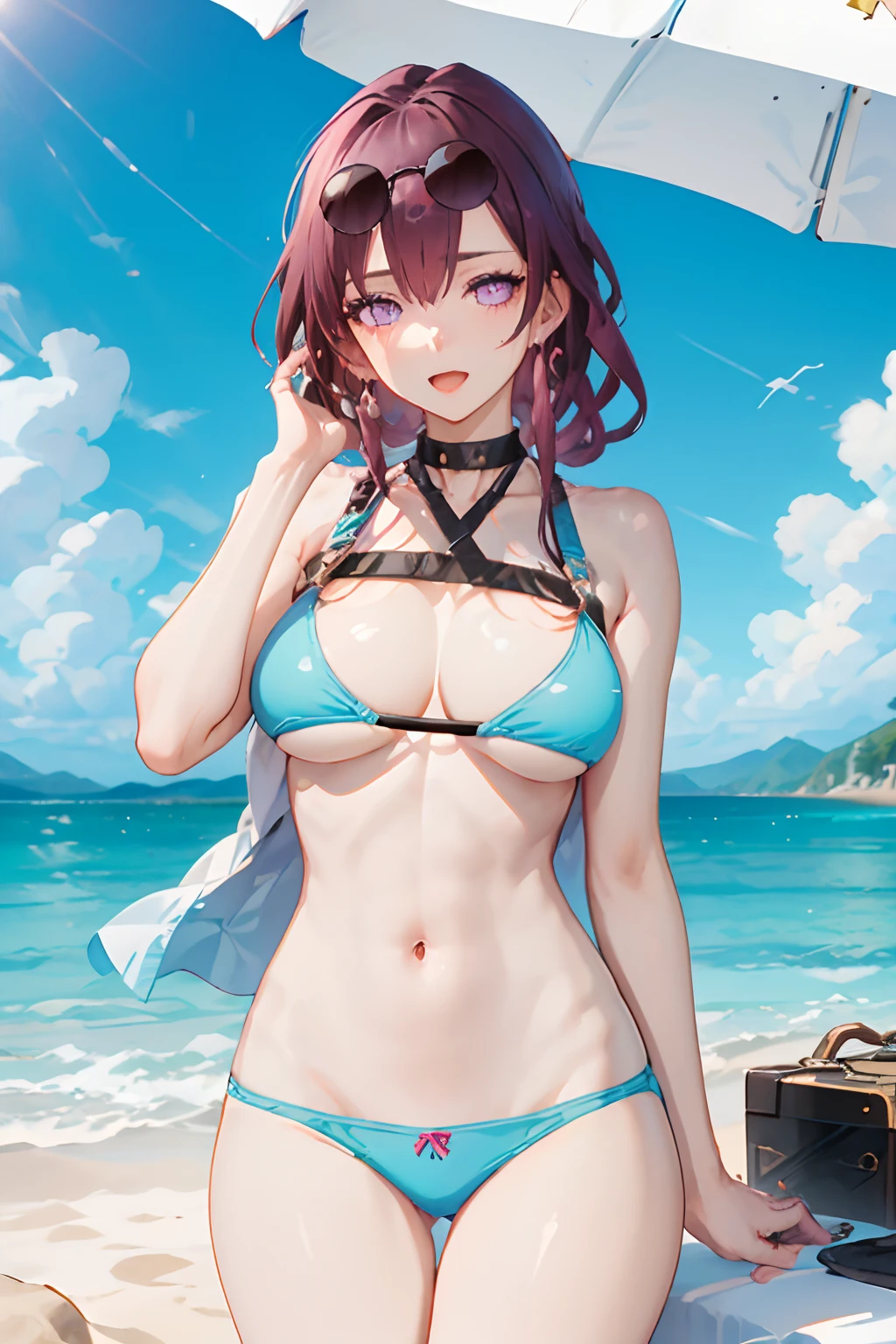8k, highres, ultra detailed, (masterpiece:1.4), 2 girls , alcohol , bare shoulders , beach , bikini , black bikini , black skirt , blue sky , blush , cleavage , eyewear on head , large breasts , long hair , looking at viewer , miniskirt , navel , open mouth , ponytail , pouring onto self , purple eyes , purple hair  , sidelocks , skirt , sky , solo focus , sunglasses , swimsuit , thigh strap , thighs , underboob , wine , wine glass