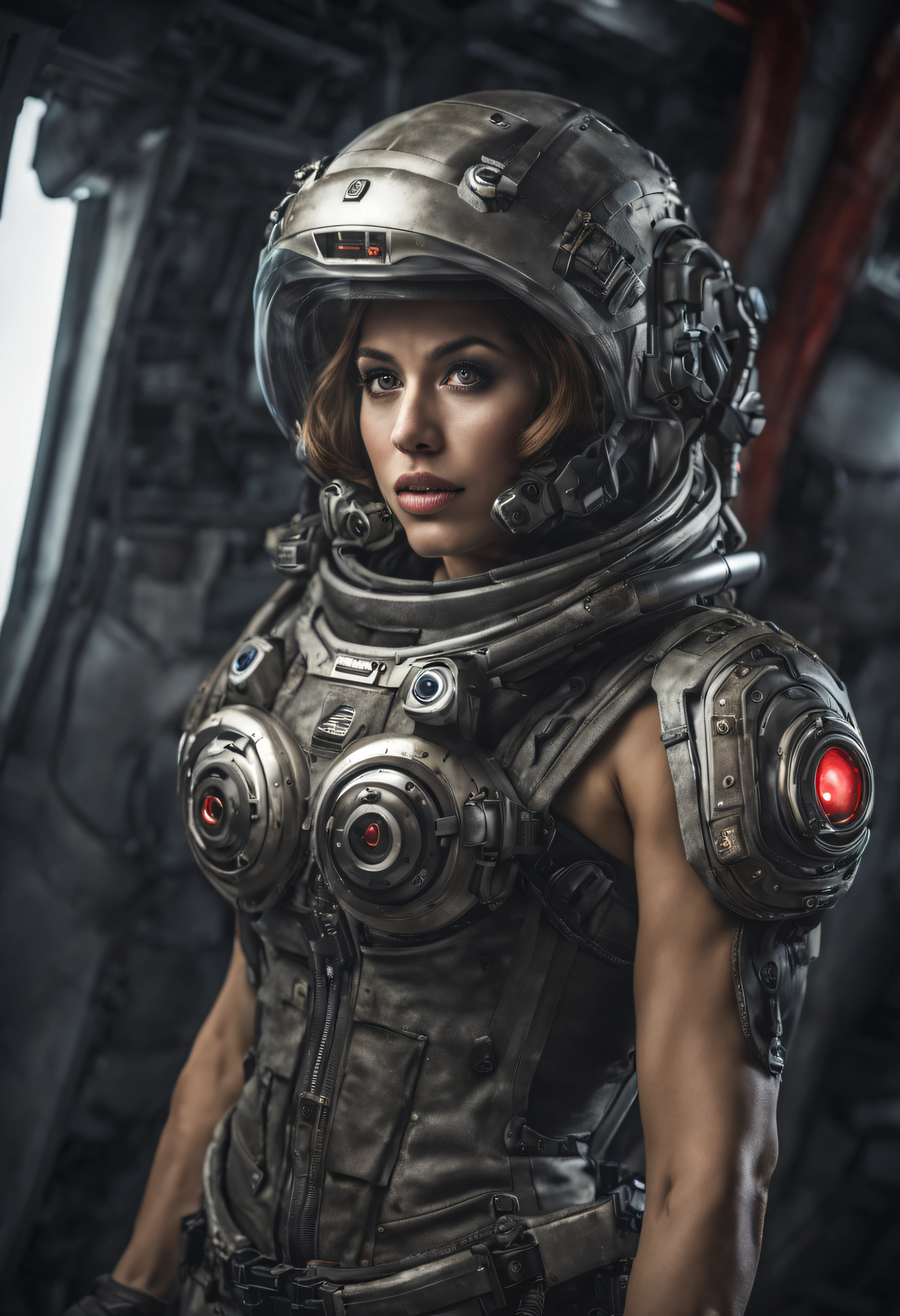 mujer alienigena extraterrestre, considerada como una de las razas mas bellas de la galaxia, con una cara, ojos y labios sensuales, vestida con uniforme sexy de gears of war, ((se encuentra en centro de control de estacion espacial)). hiperrealista, imagen nitida, 8k. imagen cinematografica. (intrincados detalles de la maquina)