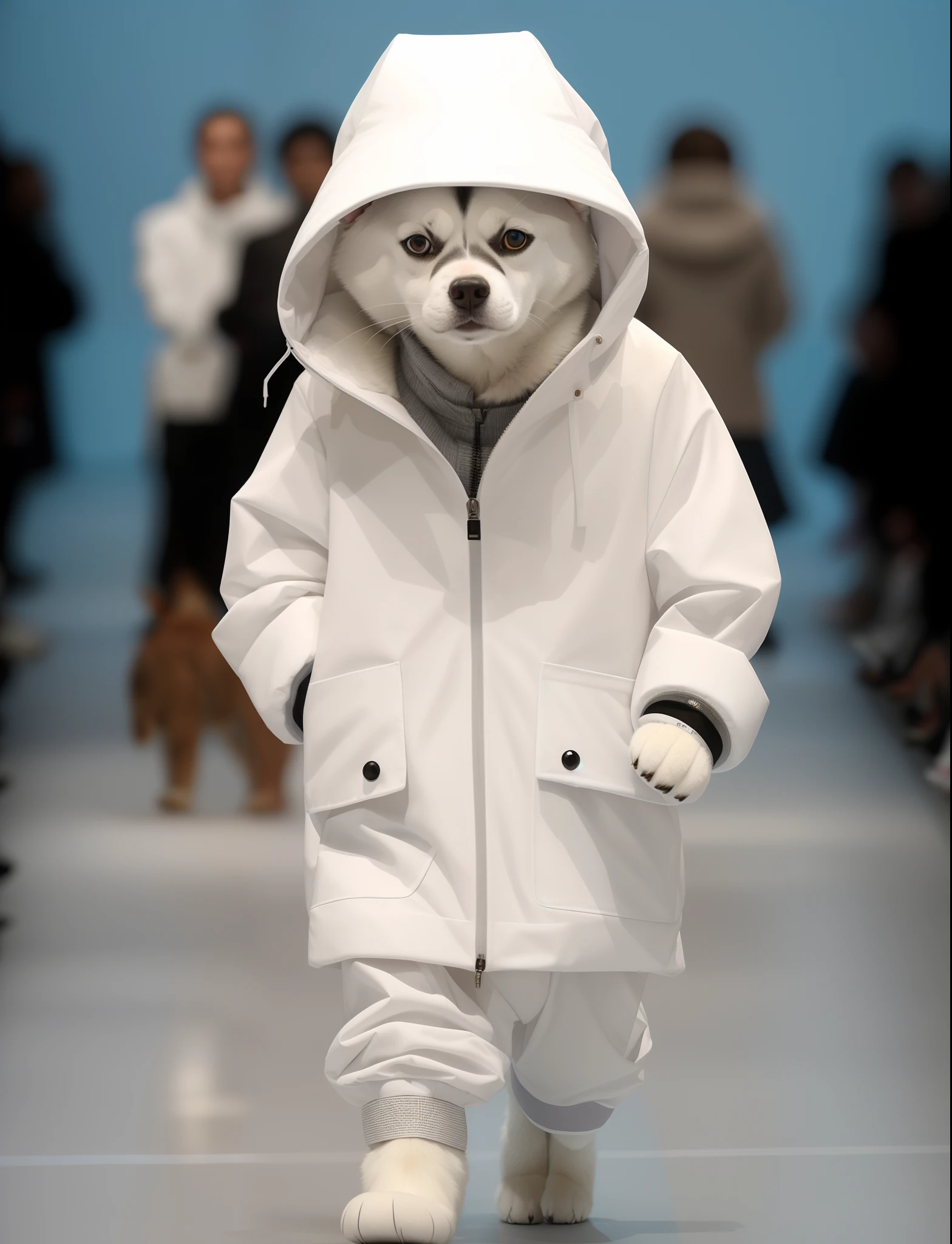 A husky dog in a white jacket walks down the runway, Doggy, Human dog hybrids, an all white human, highly fashionable, Doggy, Wearing track suit, Funny dog, Anthropomorphic dog white transparent dog, !!!! Doggy!!!, A man dog, !!! cat!!!, Dumb cute, White ( Doggy ) Girl