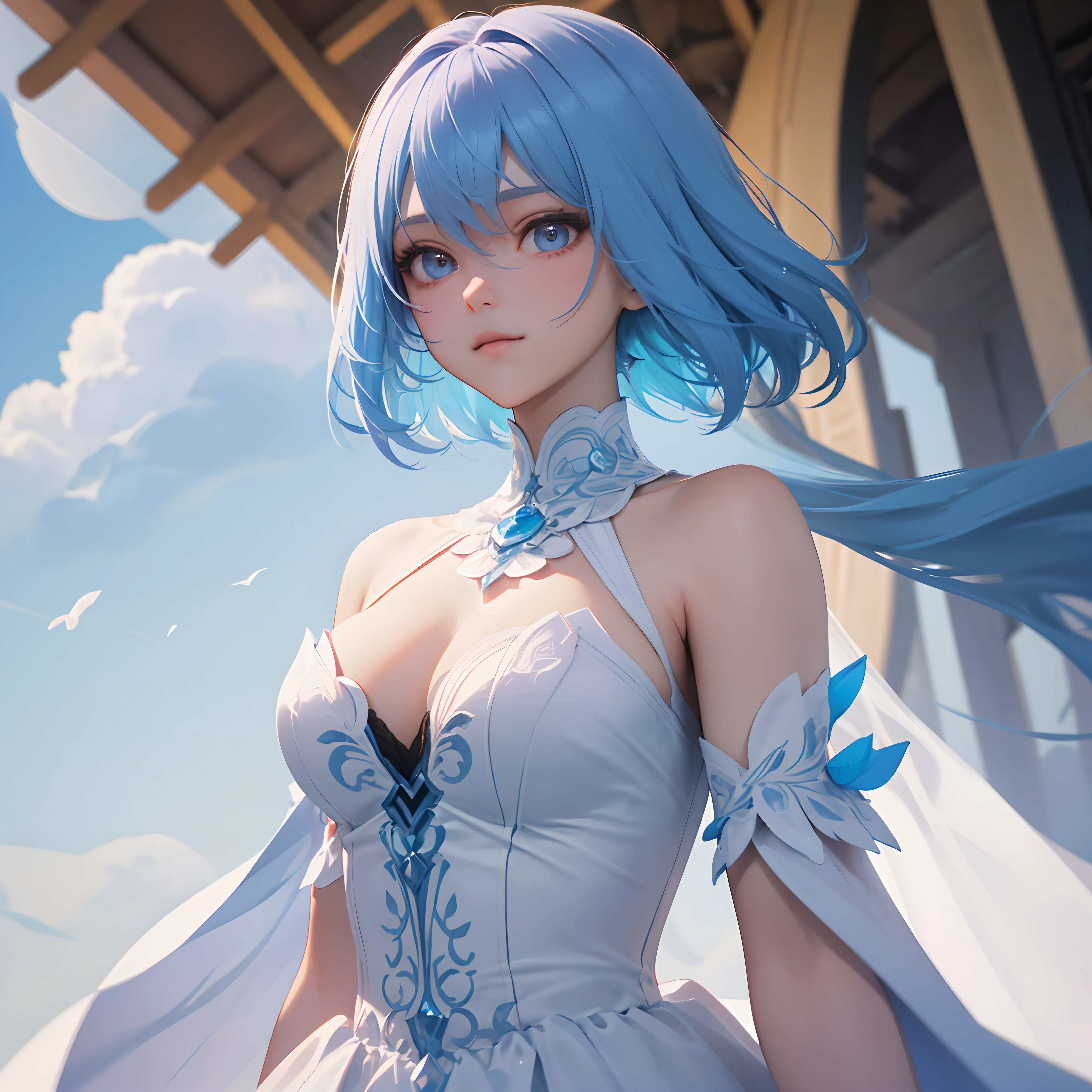 (8K, RAW photos, Top quality, Highly detailed CG unity 8K wallpaper, Masterpiece: 1.2), Girl, light blue beautiful hair, Floating in the sky, Cloud Girl, Clouds, (Close-up: 1.1), Bright, Happy, fun, Soft lighting, (bauhause, Shape, Line, abstracted: 1.2) Cornflower, small and beautiful girl with detailed eyes, light blue beautiful short hair, light blue monochromatic dress, Upper body, ((large breasts)), ((sexy)), The depth of field in the photo was perfect, and the lens flare added a nice touch. The fine features of his face really stood out, and the score in this photo was definitely over 10. in the background, there were clouds, A stunning picture,Really captured the beauty and clouds of the girl. , accurate depiction of the iris, Look lovingly at the audience,Like a gentle goddess,