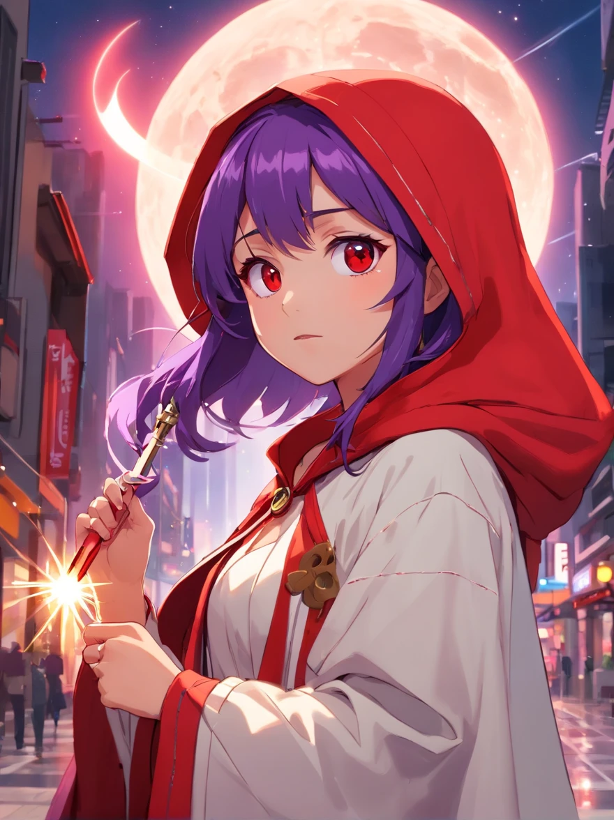 masutepiece, Best Quality, (the Extremely Detailed CG Unity 8K Wallpapers), (Best Quality), (Best Illustrations), (Best Shadows),
(((Particle effect))), Isometric 3D, Octane Rendering, Ray tracing, super detailed,
((((Princess of Moonberg)))), ((1little girl)), 13years, ((drooing eyes)),(((deep purple hair))), ((Blunt bangs)), (Fluffy long hair), (Deep red eyes), Pearl earrings,
((((red hood)))), (Lotto emblem on hood), (((Red Stall))), ((White robe with red edging)),
Holding a magic staff in her left hand,