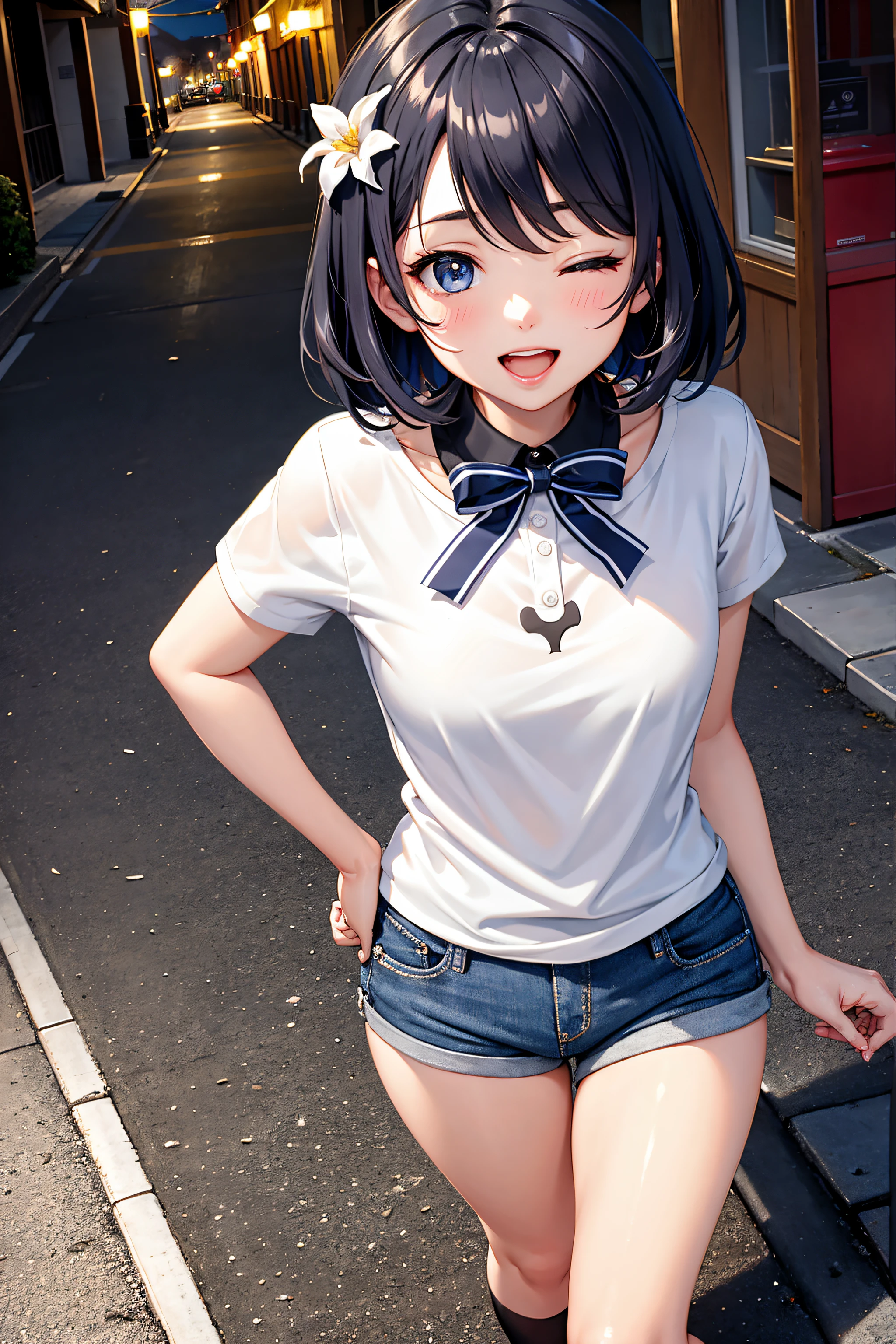 (8K、Highest quality、highest quality、masterpiece)、Detailed face、One girl、 Black Hair、short hair、twintails、blunt bangs、Grey Eyes、evil smile、((Grin))、Small breasts、((White camisole))、((Denim mini skirt))、Cowboy Shot、((bent over))、Back Alley Background、Very large breasts、Nipples are visible、No panties、Lift up the skirt