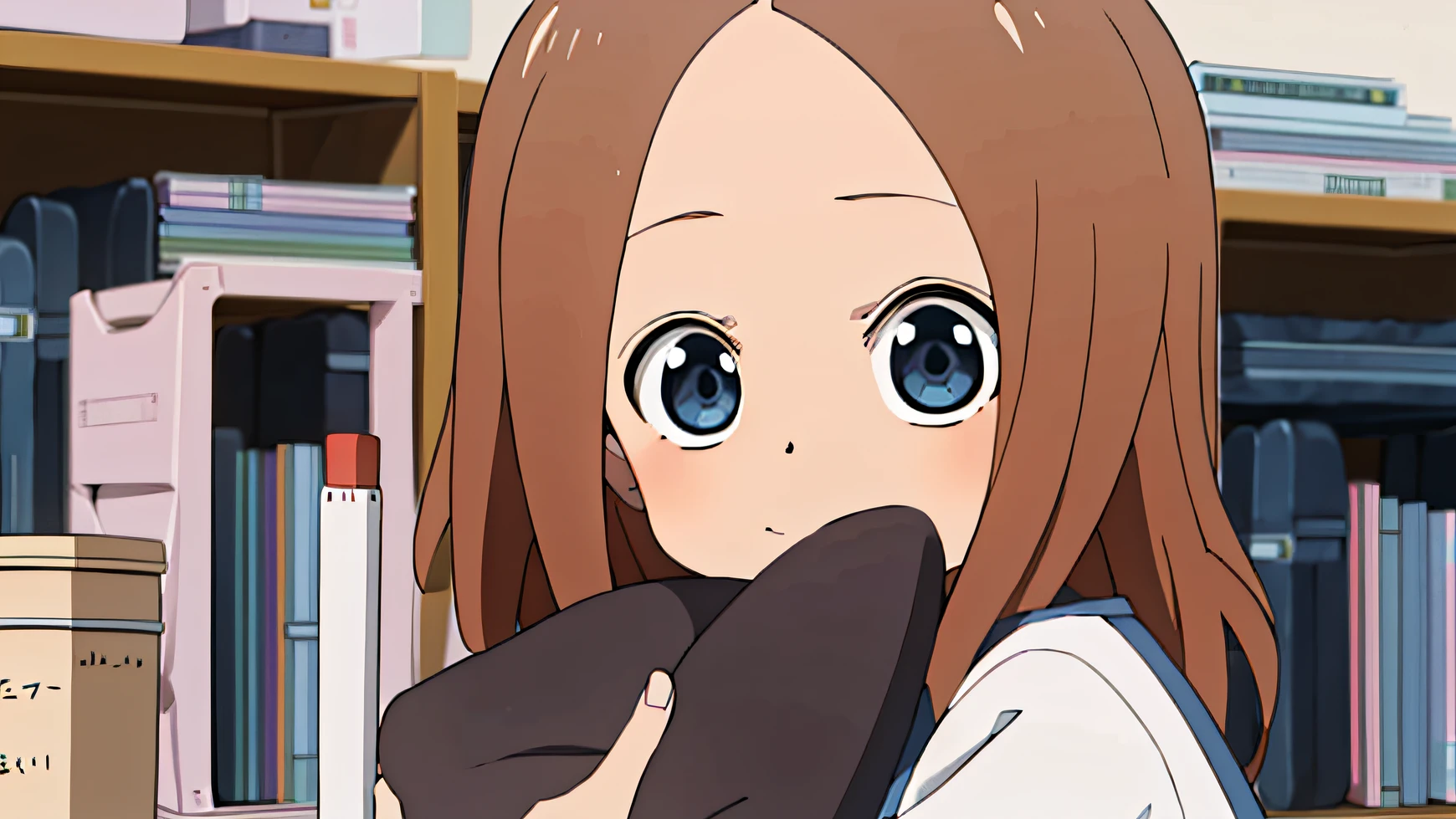 {Masterpiece}，{Best quality}，near bed，Takagi-san leans down in front of the desk，Write something，ssmile，Face restoration，Beautiful detailed eyes，By bangs，The shirt，illustration,