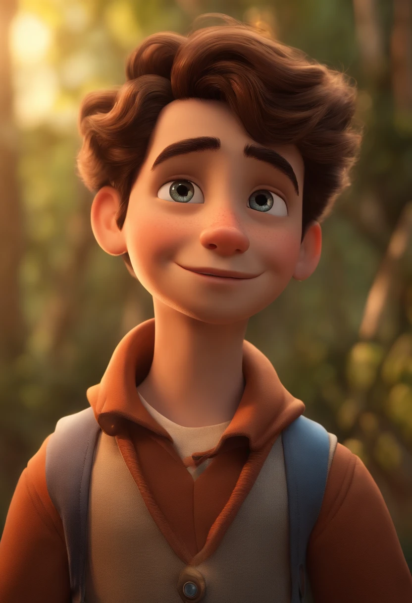 (best quality,4k,8k,Altas,master part:1.2),ultra-detalhado,(Realistic,fotorrealista,photo-realistic:1.37),a boy for a Pixar-style story in a YouTube video, O Pequeno Alabester, He's the class leader, He's outgoing, frisky, e defende muitas coisas,illustration,Estilo Pixar,encantador,可爱,olhos brilhantes,Sardas,cabelos desgrenhados,sobrancelhas expressivas,sorriso brilhante,olhar curioso,Energetic,fundo de suspense,sharpened details,cores vibrantes,warm lighting,Playful shenanigans,pose animada,ambiente animado,fantasy scenery,Enredo envolvente,visual cartunesco,funny facial expressions,Adventurous Spirit,magical ambiance,Mundo colorido,paisagens imaginativas