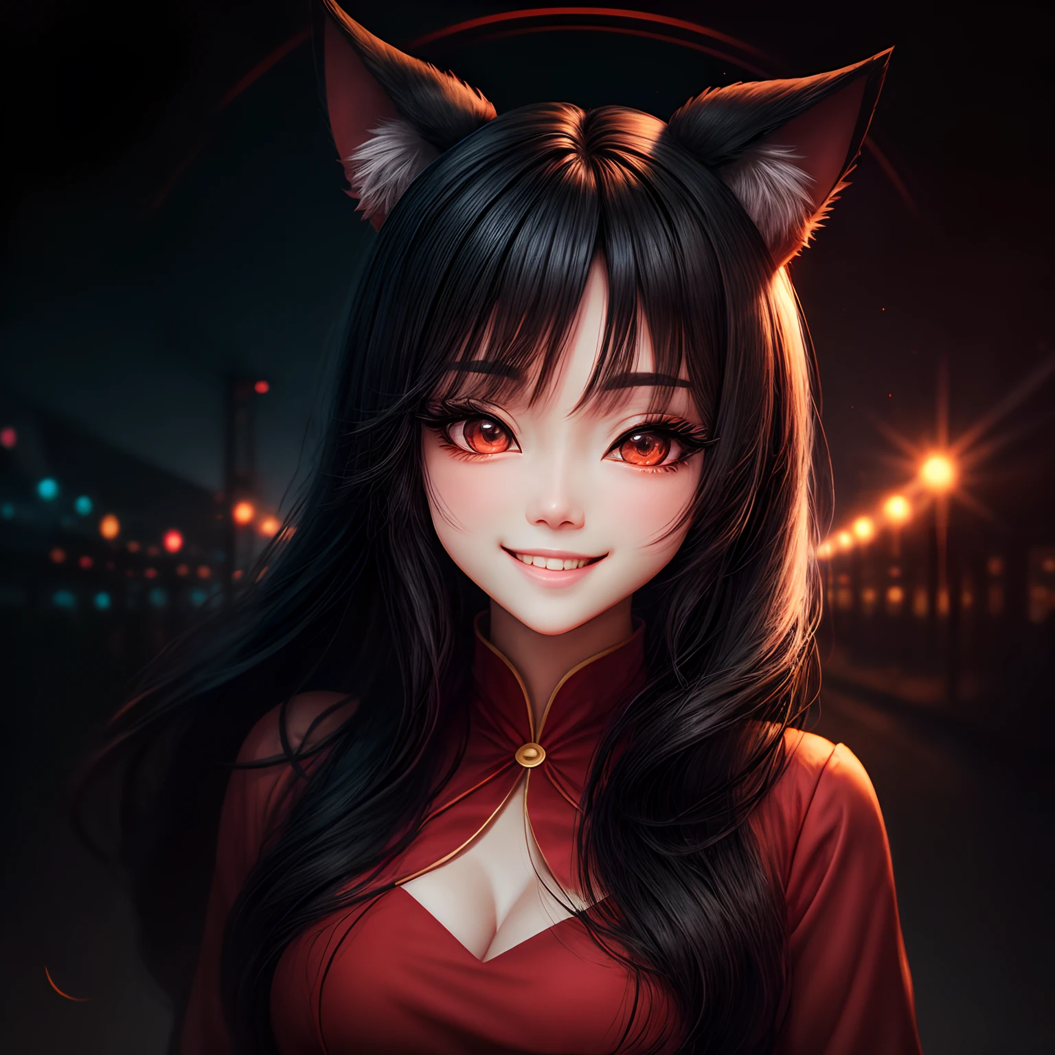 black long hair, wince, long eyelashes, solid circle eyes, fake animal ears, tails, light smile, ear blush, fang, red korean style dress, Surrealism, drop shadow, anaglyph, stereogram, tachi-e, pov, atmospheric perspective, 8k, super detail, ccurate, best quality