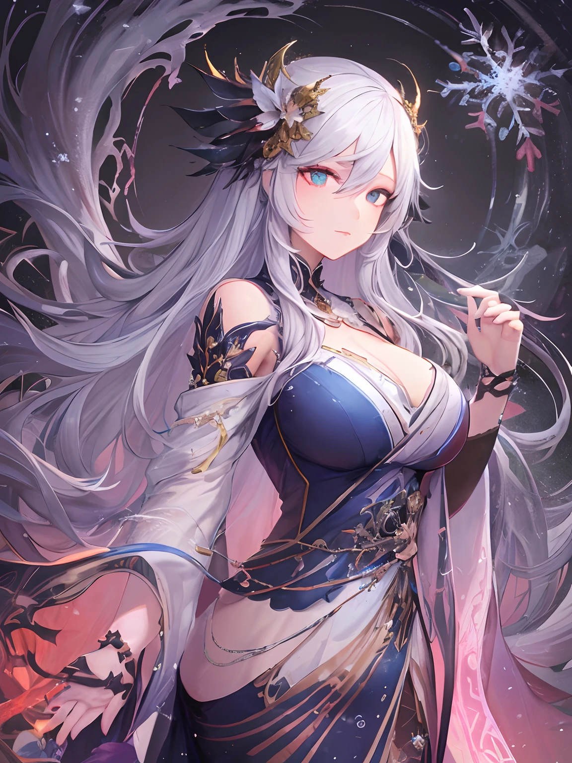 pixiv Competition Winner, Fantasy Art, white haired god, beautiful character painting, Guvez style artwork, Yukionna's dazzling gaze, guweiz, long white hair, Flowing hair and robes, cute large eyes, Illustrations, fine lines, dark colored,neon color,Scattered snow