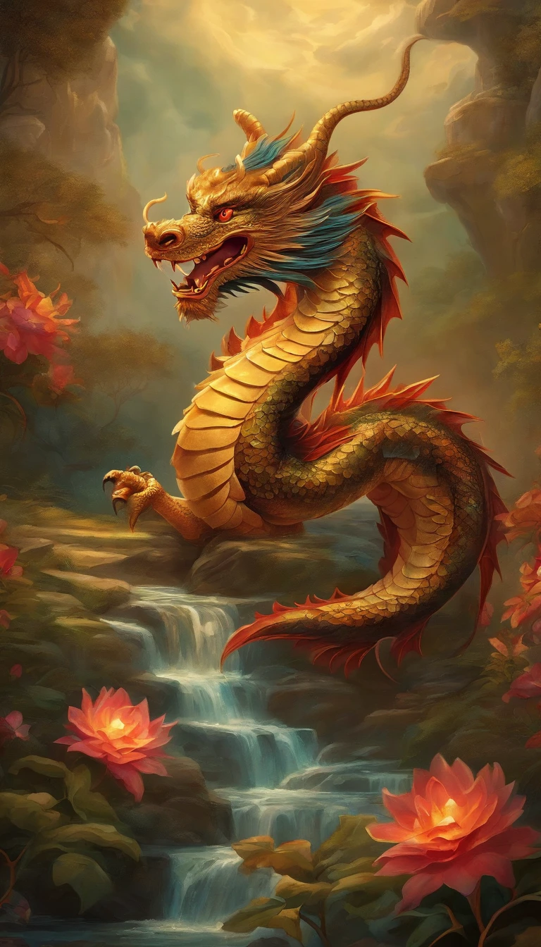 Best quality, chinesedragon,glimmering, , 2D, flat, Adorable, Vintage, Art on cracked paper, fairytale-like, Detailed illustration of the storybook, Cinematic, hyper HD, detaile, Beautiful details, mistic, Luminism, Vibrant colors,