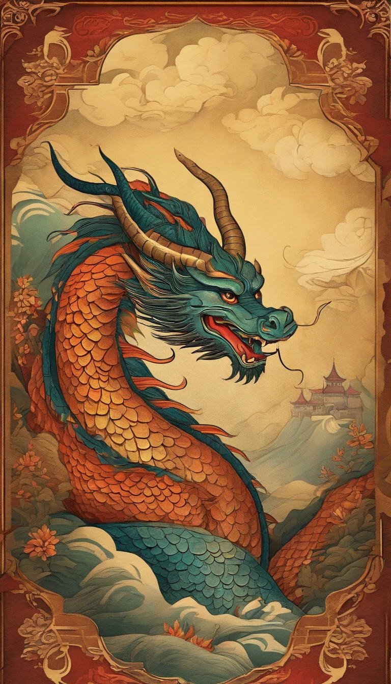 Best quality, chinesedragon,glimmering, , 2D, flat, Adorable, Vintage, Art on cracked paper, fairytale-like, Detailed illustration of the storybook, Cinematic, hyper HD, detaile, Beautiful details, mistic, Luminism, Vibrant colors,