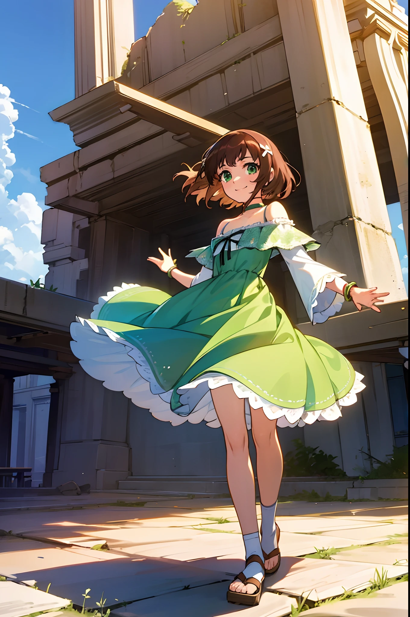 shoko sashinami, valvrave, 1 girl, brown hair, green eyes, fantasy world, ruins, fort, beautiful sky, shining sky, sunshine, smiling, waving, socks, sandals, wristband, ribbon choker, wind blowing dress, lace dress, off-shoulder sleeves