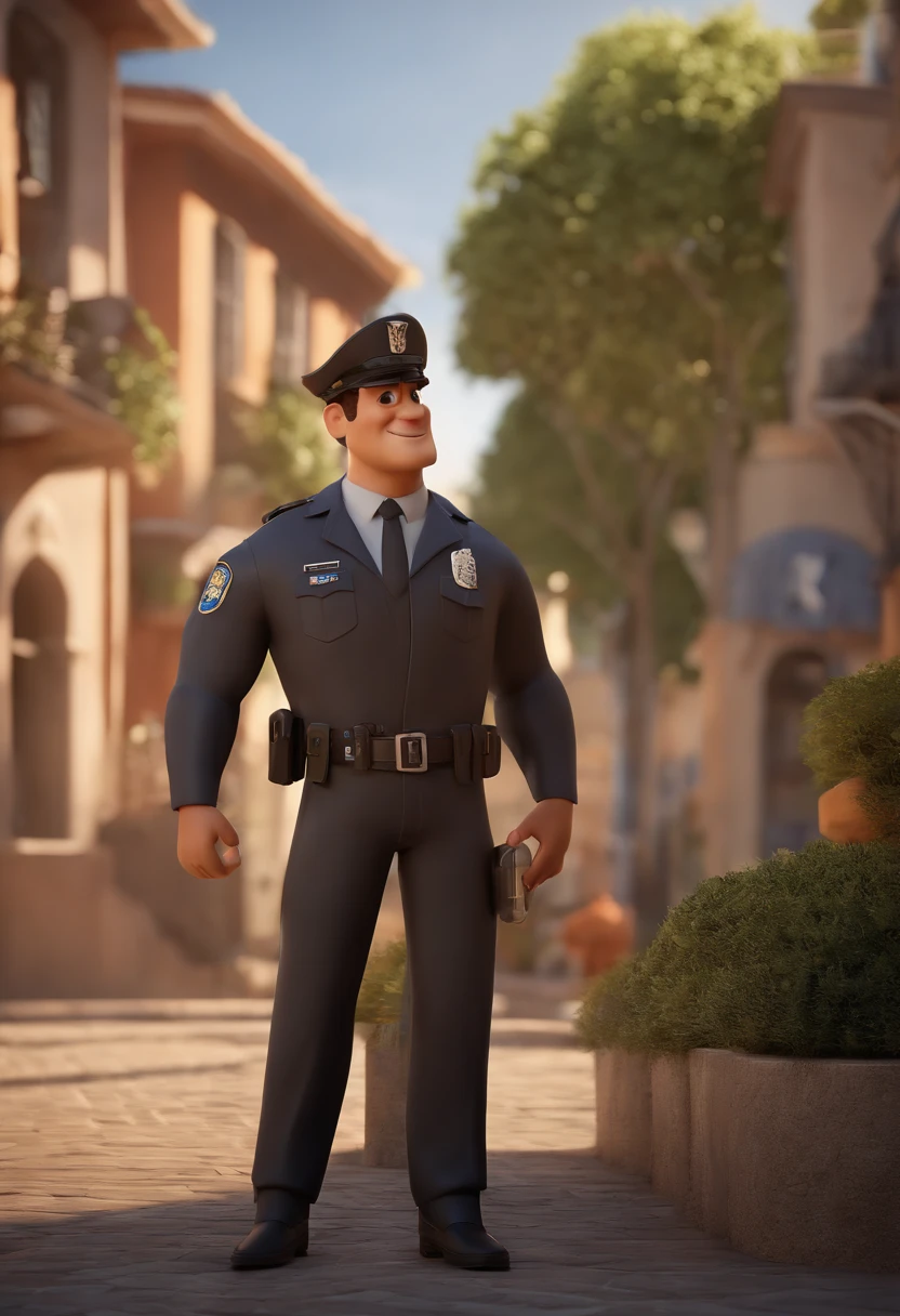 Personagem dos desenhos animados de um homem, cabelo raspadinho, Rio de Janeiro Police Uniform, animation character, Caractere estilizado, animation style rendering, 3D estilizado, Arnold Maya render, 3 d render stylized, toon render keyshot, Personagem 3D, Personagem 3D, 3d rendering stylized, 3 d character render, personagem de desenho animado, Personagem de close up, Pose de personagem,  (Estilo Pixar) (master part:1.2) (Bokeh) (best quality) (pele detalhada) (textura detalhada) (8k) (argila) (Cinematic lighting) (foco nítido
