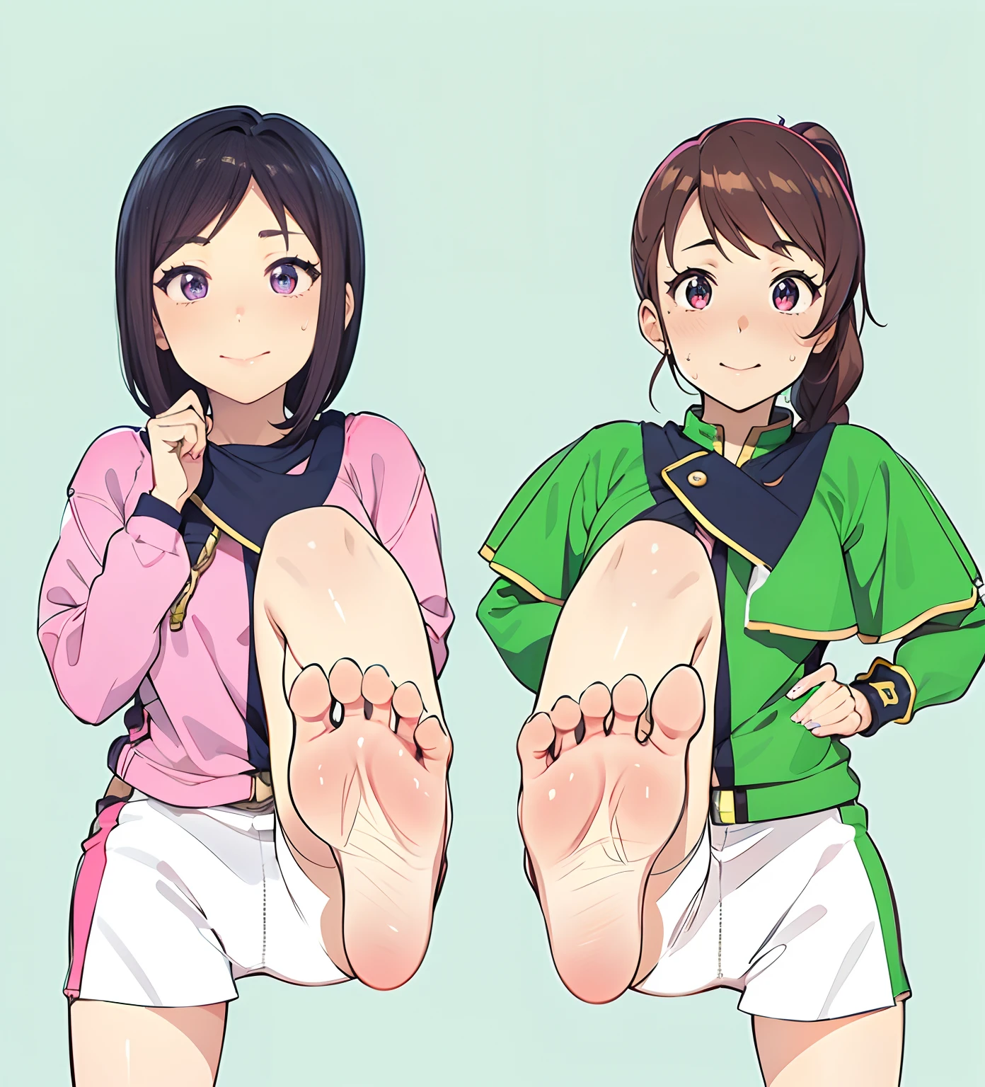 Anime girl sitting on a chair with big legs and pink shirt, giantess art, Foot Art POV, detailed foot pov, big legs, feet posing, Tifa, The art of the foot, !!Highly detailed!!, detailed legs towering over you, Ecchi anime style, high soles, Commission for high resolution、bare-legged、sole of feet、Sweaty feet, Kira May Pink, Majin Sentai Kiramager, Close-up of the soles of the feet,Exposing the soles of the feet,hayami sena, 2 girls, Evil smile