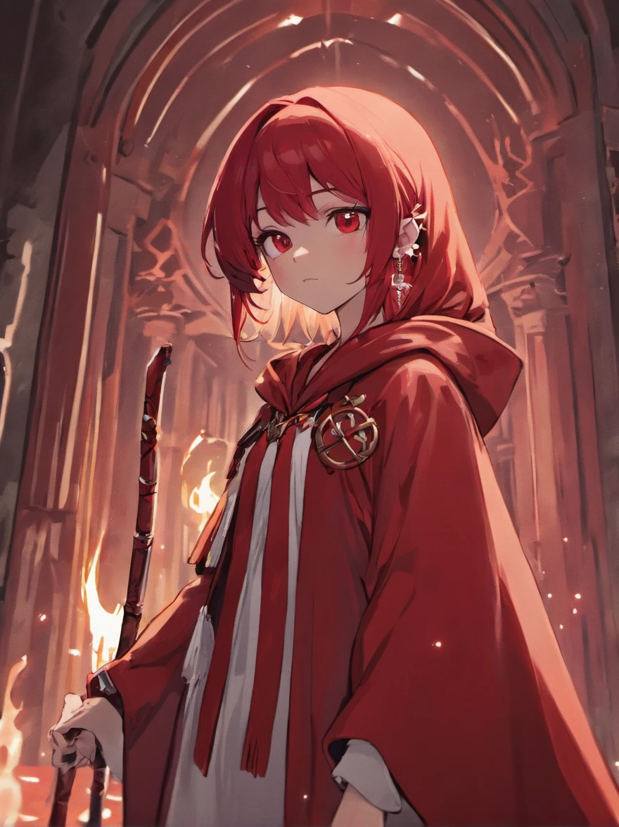 masutepiece, Best Quality, (the Extremely Detailed CG Unity 8K Wallpapers), (Best Quality), (Best Illustrations), (Best Shadows),
(((Particle effect))), Isometric 3D, Octane Rendering, Ray tracing, super detailed,
((((Princess of Moonberg)))), ((1little girl)), ars, ((drooing eyes)),(((deep purple hair))), ((Blunt bangs)), (Fluffy long hair), (Deep red eyes), Pearl earrings,
((((red hood)))), (Lotto emblem on hood), (((Red Stall))), ((White robe with red edging)),
Holding a magic staff in her left hand,