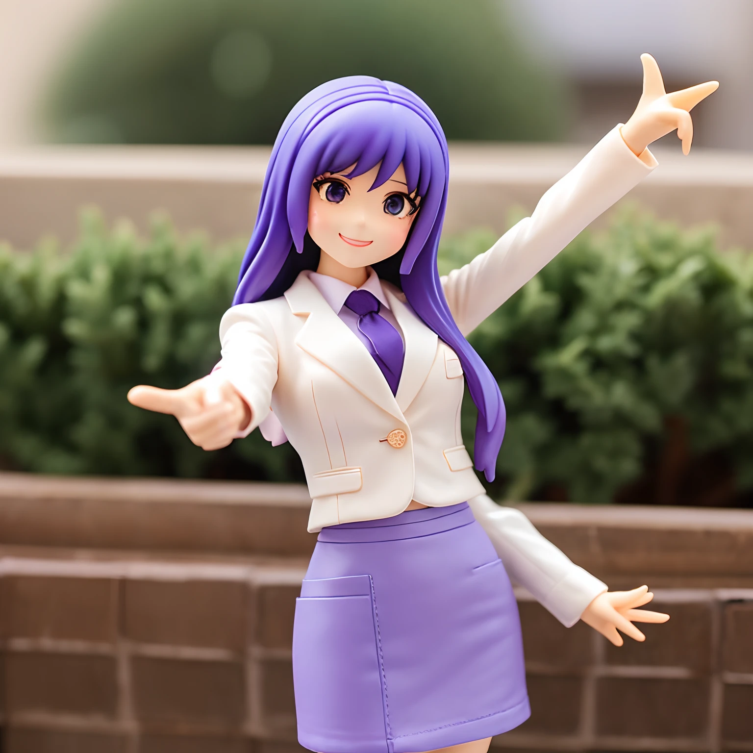 nendoroid、Purple hair、long、simple background、One hand is on the hip、Pointing into the distance with one hand、Commander、Suits、skirt by the、Female President、Hanging eyes、ssmile