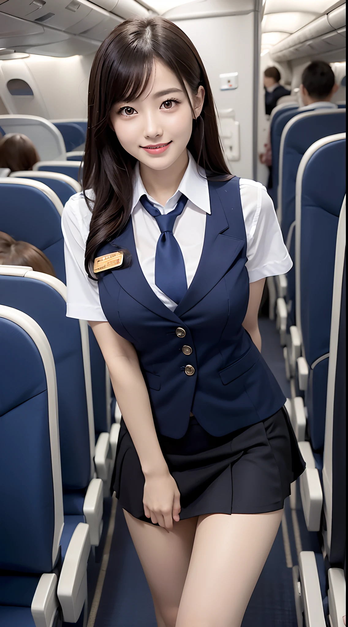 top-quality, masterpiece, 8K, 超A high resolution, (Photorealsitic:1.4), 1girl in、beautiful countenance、symmetrical eye、huge tit、Perfect body proportion、stewardess uniform、Look at viewers、(Inside the plane:1.2)、front-facing view、Shoulder、Absolute Area(1.3)、a smile