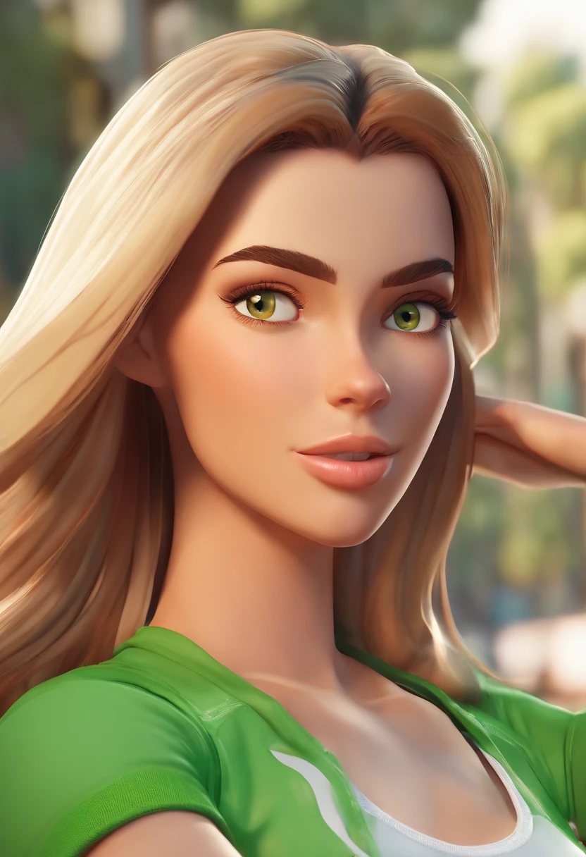 Cartoon character of a nice fitness style woman with long brown hair with blonde highlights at the ends, olhos verdes, e uma camiseta preta mostrando os ombros onde aparece ima regata verde claro, animation character.