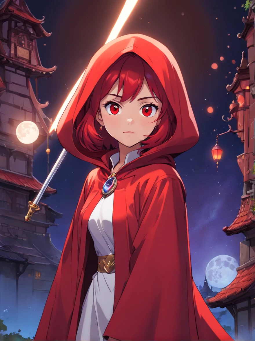 masutepiece, Best Quality, (the Extremely Detailed CG Unity 8K Wallpapers), (Best Quality), (Best Illustrations), (Best Shadows), 
 (((Particle effect))), Isometric 3D, Octane Rendering, Ray tracing, super detailed,
((((Princess of Moonberg)))), ((1little girl)), 13years, ((drooing eyes)),(((deep purple hair))), ((Blunt bangs)), (Fluffy long hair), (Deep red eyes), Pearl earrings,
((((red hood)))), (Lotto emblem on hood), (((Red Stall))),  ((White robe with red edging)),  
Holding a magic staff in her left hand,

full body, view from below, looking back,