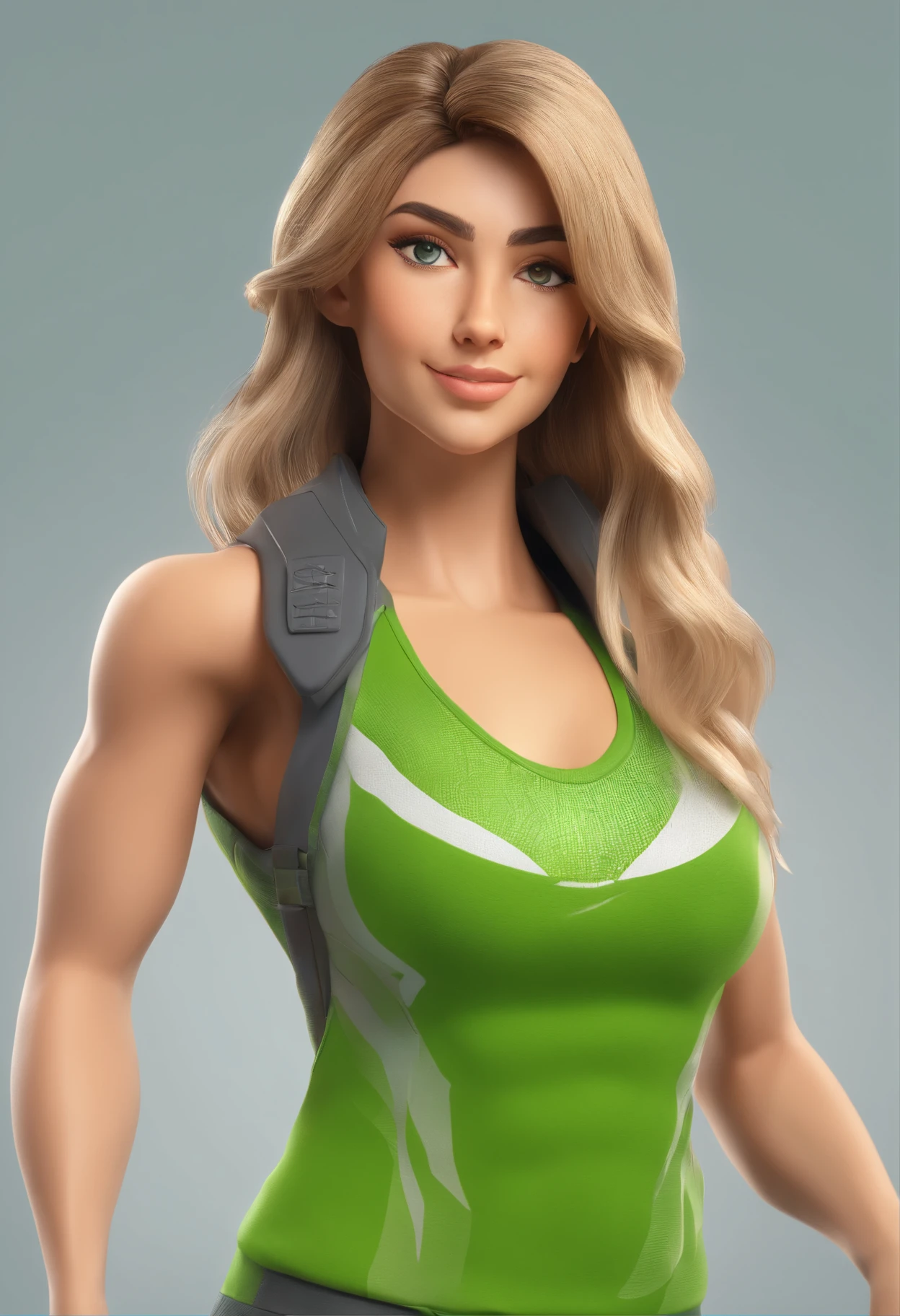 Cartoon character of a nice fitness style woman with long brown hair with blonde highlights at the ends, olhos verdes, e uma camiseta preta mostrando os ombros onde aparece ima regata verde claro, animation character.