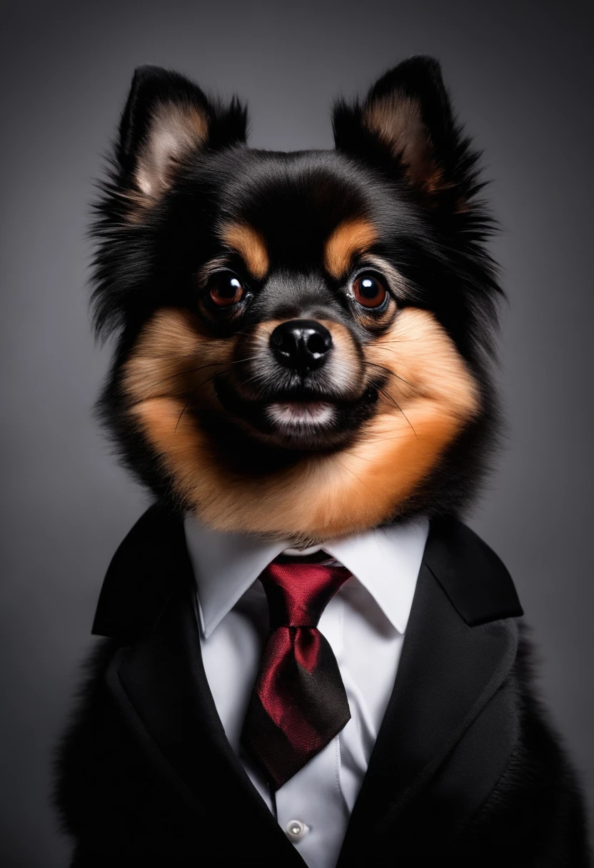 Perfect centering, Cute black pomeranian, Wearing a black suit with a red tie, smiling, Standing position, Abstract beauty, Centered, Looking at the camera, Facing the camera, nearing perfection, Dynamic, Highly detailed, smooth, Sharp focus, 8K