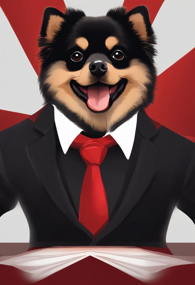 Perfect centering, Cute black pomeranian, Wearing a black suit with a red tie, smiling, Standing position, Abstract beauty, Centered, Looking at the camera, Facing the camera, nearing perfection, Dynamic, Highly detailed, smooth, Sharp focus, 8K