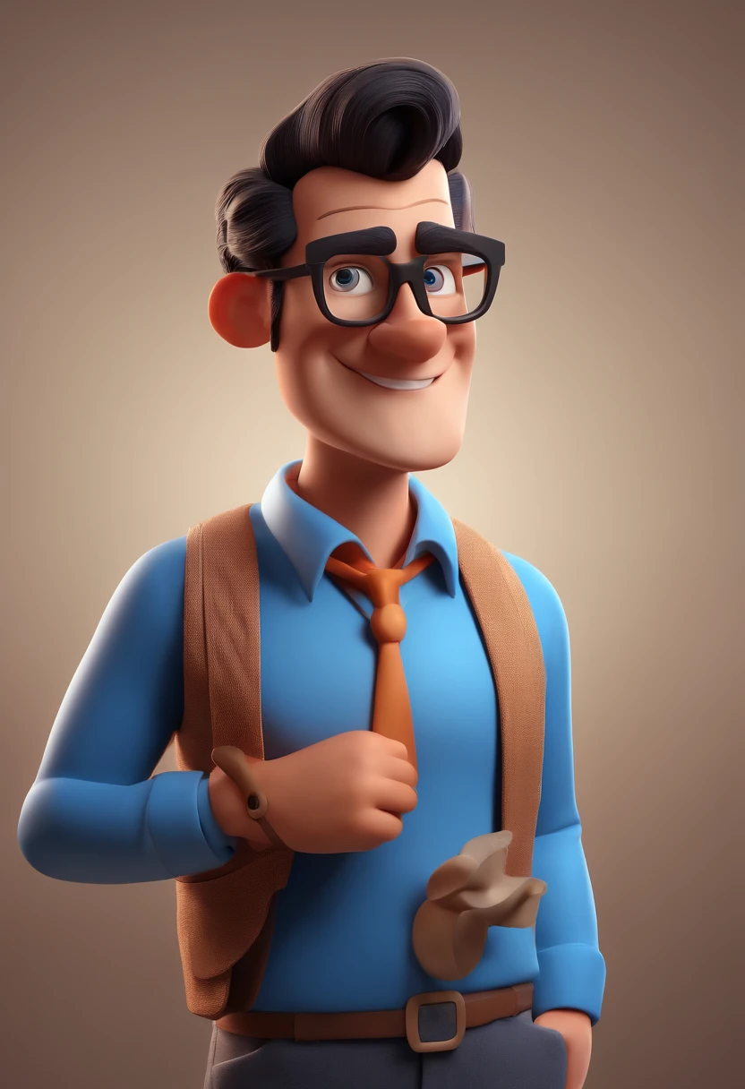 Cartoon character of a man with black glasses and a blue shirt, animation character, Caractere estilizado, animation style rendering, 3D estilizado, Arnold Maya render, 3 d render stylized, toon render keyshot, Personagem 3D, Personagem 3D, 3d rendering stylized, 3 d character render, personagem de desenho animado, Personagem de close up, Pose de personagem,  (Estilo Pixar) (master part:1.2) (Bokeh) (best quality) (pele detalhada) (textura detalhada) (8k) (argila) (Cinematic lighting) (foco nítido
