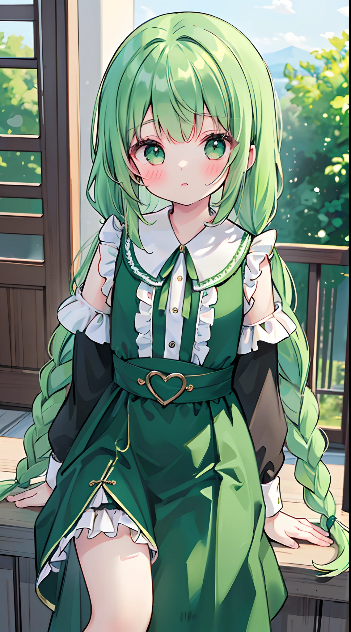 ((Masterpiece,Top image quality,Best Quality,8K,masterpiece))1girl in,1人,Green hair,Braids,Black clothe,Mass production type,Large ribbon,heart,Green Embroidery,cute little,Lori,western clothes,