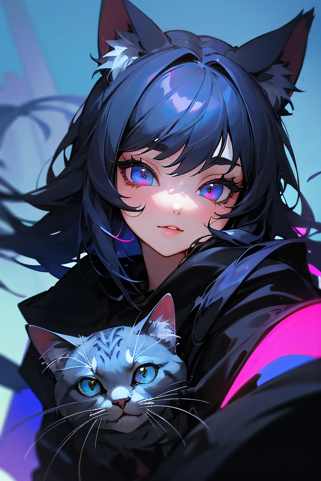 (hight resolution,Masterpiece:1.2),Vivid colors,beautiful detail eyes,beautiful detailed lips,long eyelashes,black coat,fluffy fur,cute expression,Feline Grace,Let's move on to the camera,on a blue background, Neon, night time, ciberpunk