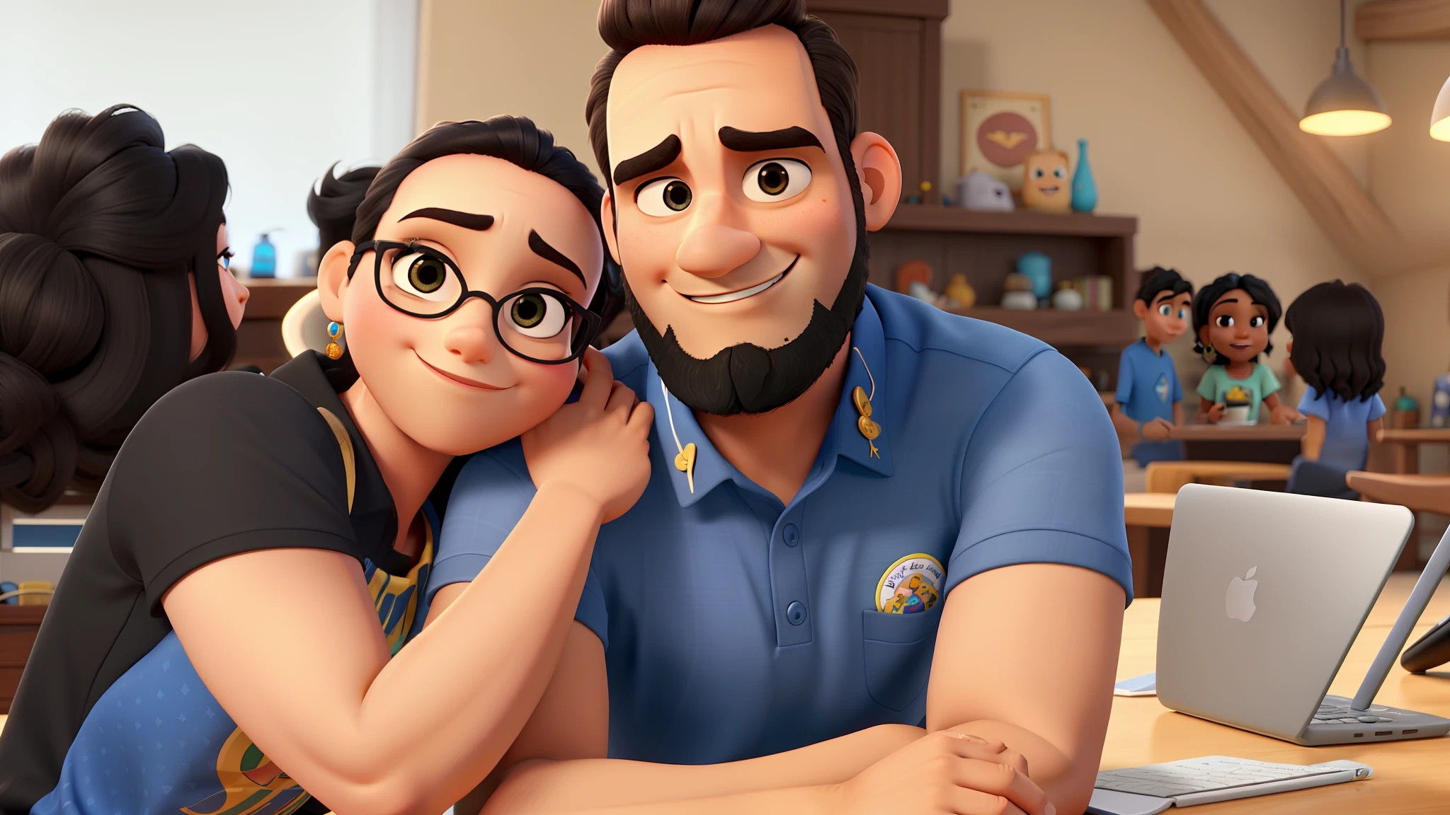 Estilo Pixar, alta qualidade ,mulher negra homem com barba fechada