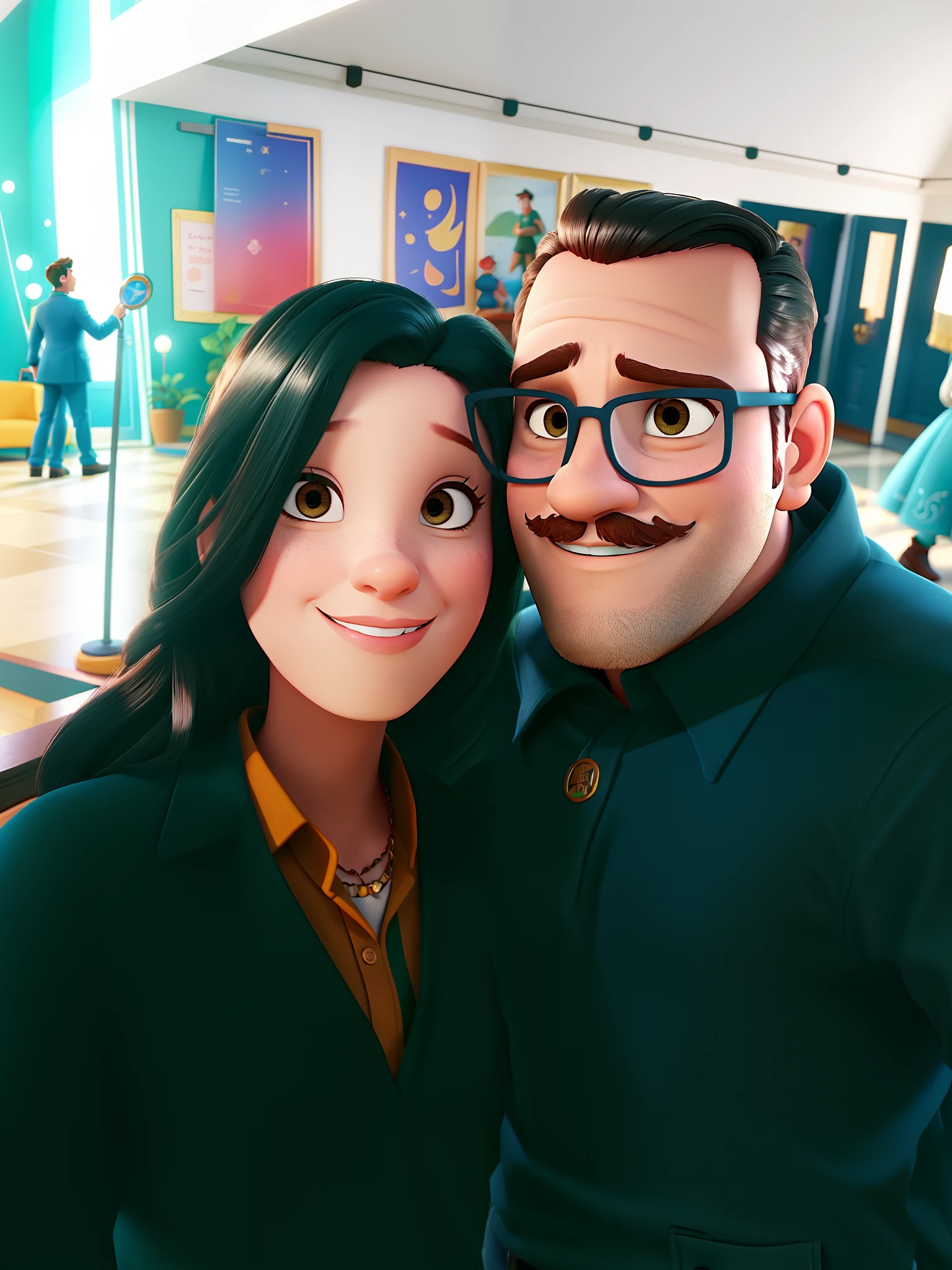 Casal (homem moreno e mulher branca) no estilo Disney Pixar, alta qualidade, melhor qualidade.