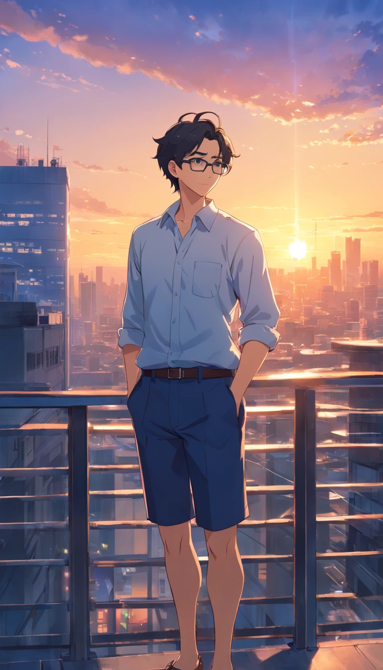 Anime male with short curly hairstyle, black short hair, glasses, beard, 40 years old, full body, wearing dark blue set-up, white shirt, rooftop of building with sunset view
