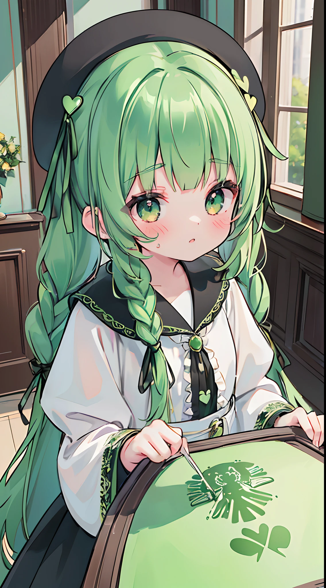 ((Masterpiece，Top image quality，Best Quality，8K，​masterpiece))1girl in，1人，Green hair，Braids，((Black mass-produced clothes))，Large ribbon，heart，Green Embroidery，cute little，Lori，