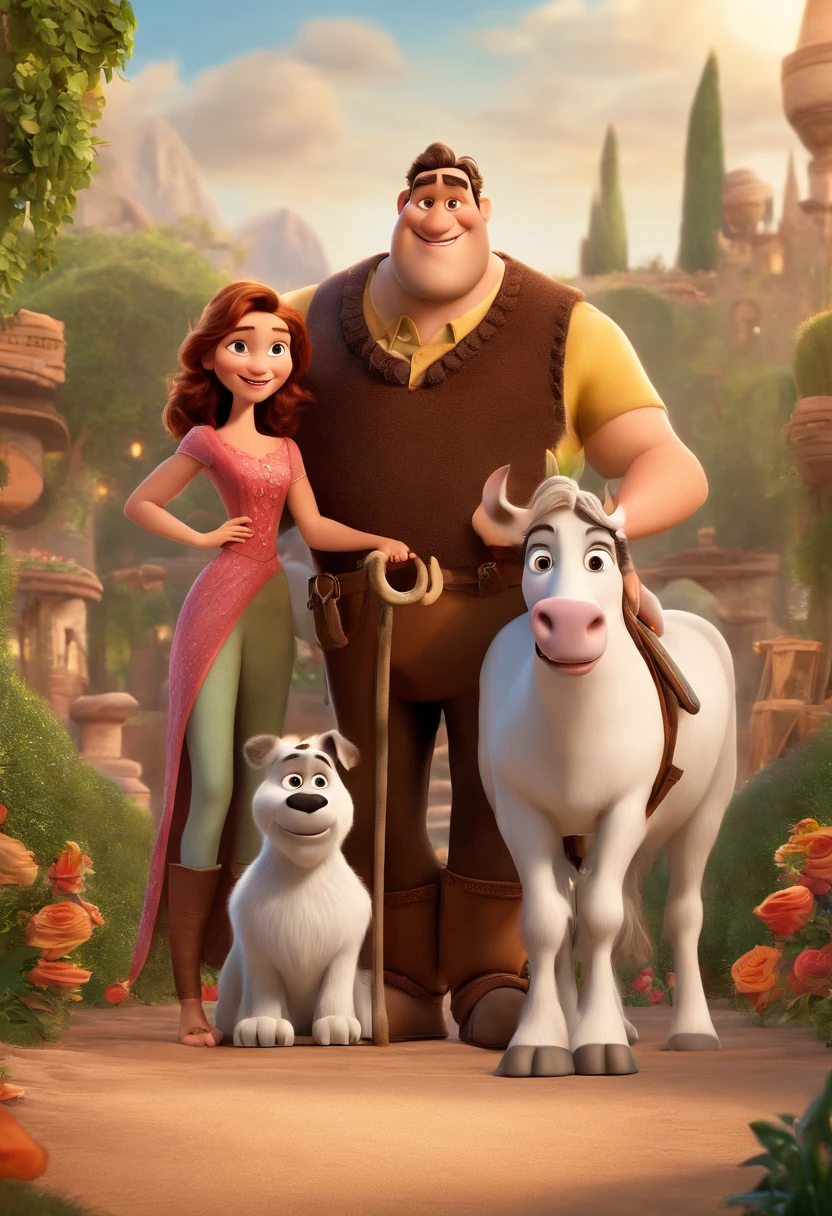 a Disney Pixar movie poster showing a white-skinned family. The father is the tallest, Tem barba curta, loiro, cabelos curtos e espinhosos. The mother has brown eyes and hair, shoulder-length and is slightly overweight. A menina tem 4 anos e cabelos castanhos, roupa rosa e rabos de cavalo. The background is a beach garden. 3D-rendering