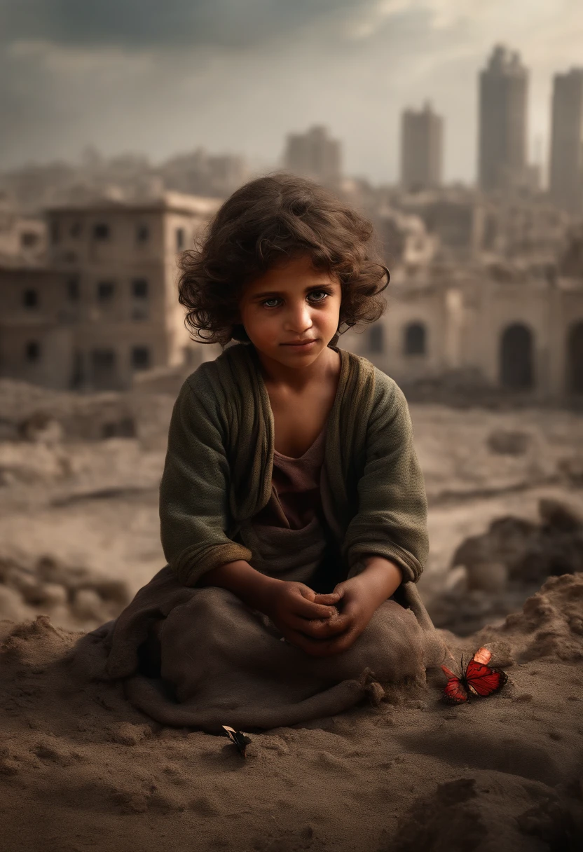 Ultra-realistic depiction of a  palestinian kid , ting with watermelon, agony, ((dried tears drops)), messy and curl hair, dusty face and cloth,palestin .(( a destructed city in background, fire, ((human corpse on ground)), some people are crying, destroyed building)), a butterfly sits on her forefinger, (((she is looking at the butterfly and a little bit smile))), hyper detailed, dynamic color, black and gray shade, super emotional picture, set against a hauntingly dark backdrop and surrounded by swirling dark smoke. The image should be in a captivating 16:9 format."