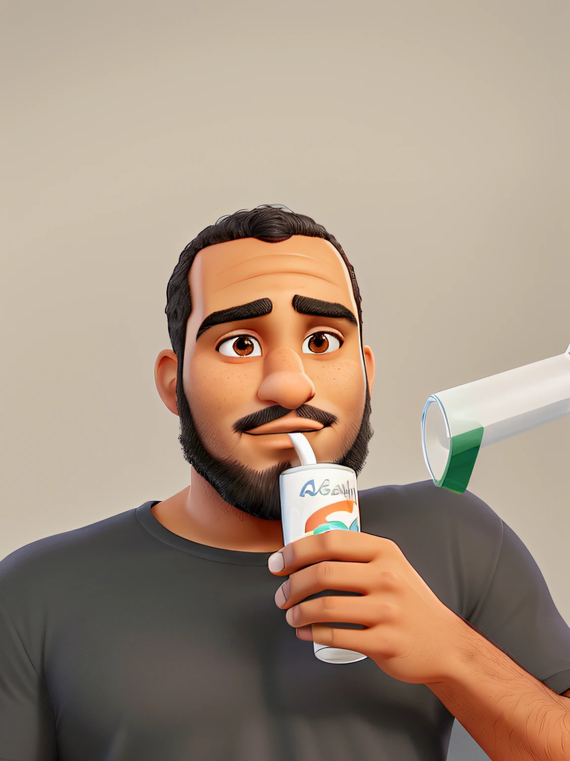 A 31-year-old dark-skinned man of half-Arab origin, bearded and bald, drinking juice through a straw, with a white background