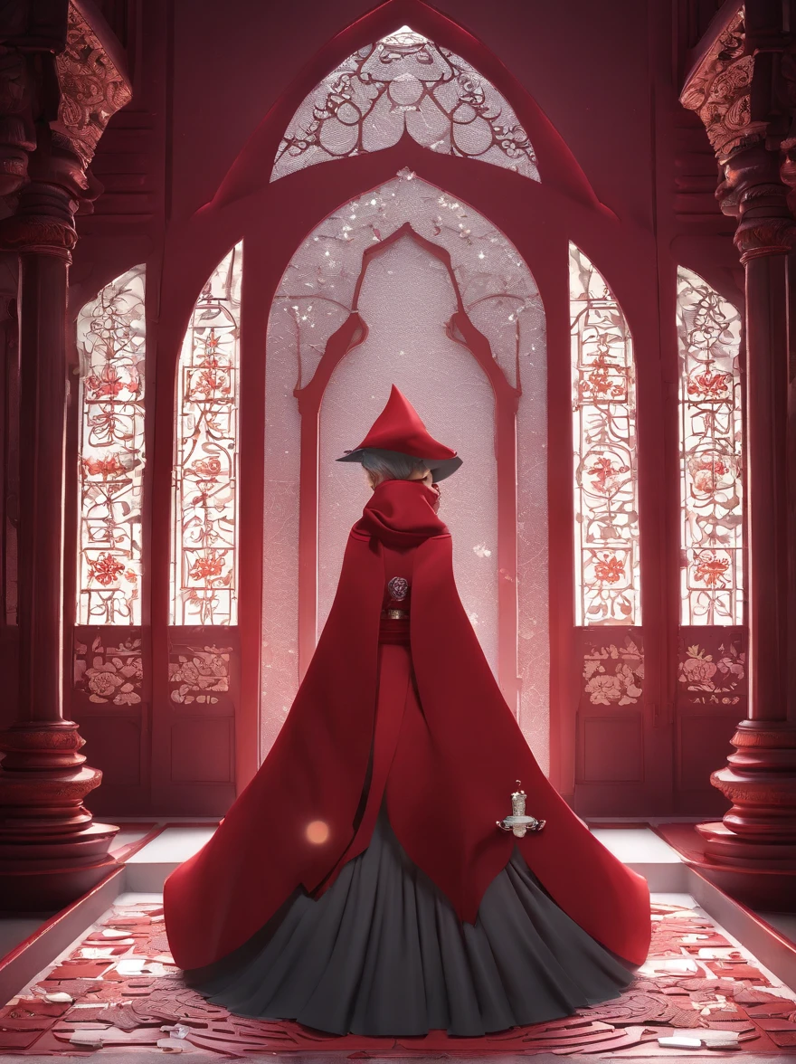 masutepiece, Best Quality, (the Extremely Detailed CG Unity 8K Wallpapers), (Best Quality), (Best Illustrations), (Best Shadows), 
 (((Particle effect))), Isometric 3D, Octane Rendering, Ray tracing, super detailed,
((((Princess of Moonberg)))), ((1little girl)), 13years, ((drooing eyes)),(((deep purple hair))), ((Blunt bangs)), (Fluffy long hair), (Deep red eyes), Pearl earrings,
((((red hood)))), (Lotto emblem on the hood), (((Red Stall))),  ((White robe with red edging)),  
Holding a magic wand in his left hand,

Full body, View from below, Looking back,