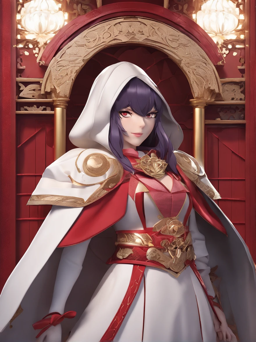masutepiece, Best Quality, (the Extremely Detailed CG Unity 8K Wallpapers), (Best Quality), (Best Illustrations), (Best Shadows),
(((Particle effect))), Isometric 3D, Octane Rendering, Ray tracing, super detailed,
((((Princess of Moonberg)))), ((1little girl)), 13years, ((drooing eyes)),(((deep purple hair))), ((Blunt bangs)), (Fluffy long hair), (Deep red eyes), Pearl earrings,
((((red hood)))), (Lotto emblem on the hood), (((Red Stall))), ((White robe with red edging)),
Holding a magic wand in his left hand,
Full body, View from below, Looking back,