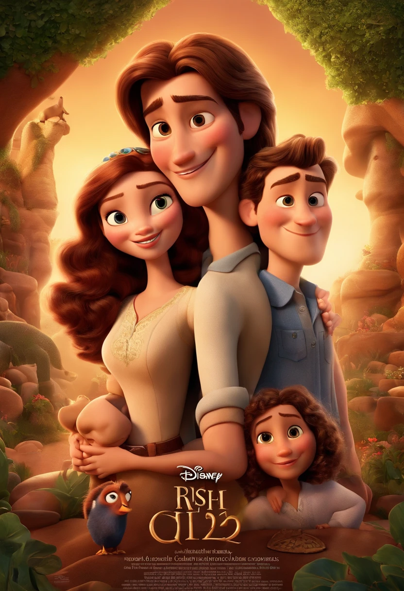 a Disney Pixar movie poster showing a white-skinned family. The father is the tallest, Tem barba curta, loiro, cabelos curtos e espinhosos. The mother has brown eyes and hair, shoulder-length and is slightly overweight. A menina tem 4 anos e cabelos castanhos, roupa rosa e rabos de cavalo. The background is a beach garden. 3D-rendering