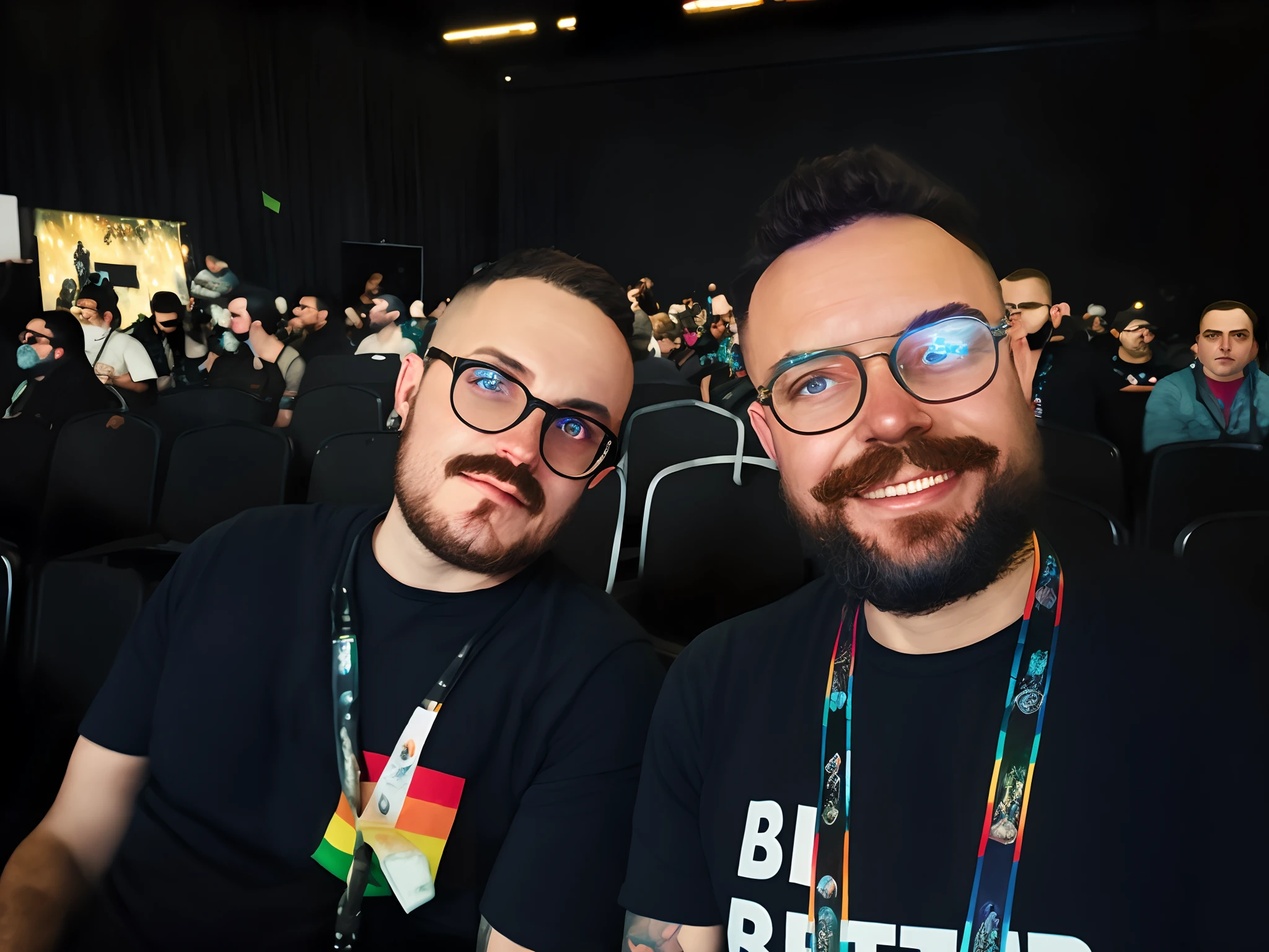 There are two men sitting in a room with a crowd of people, Lgbtq, Dan Mumford e Albert Bierstadt, Wlop e Andrei Riabovitchev, Fotografia tirada em 2 0 2 0, Nerds, Nick Silva e Ilya Kuvshinov, Anton Fadeev e Dan Mumford, Pablo Carpio e Jordan Grimmer, convention photo