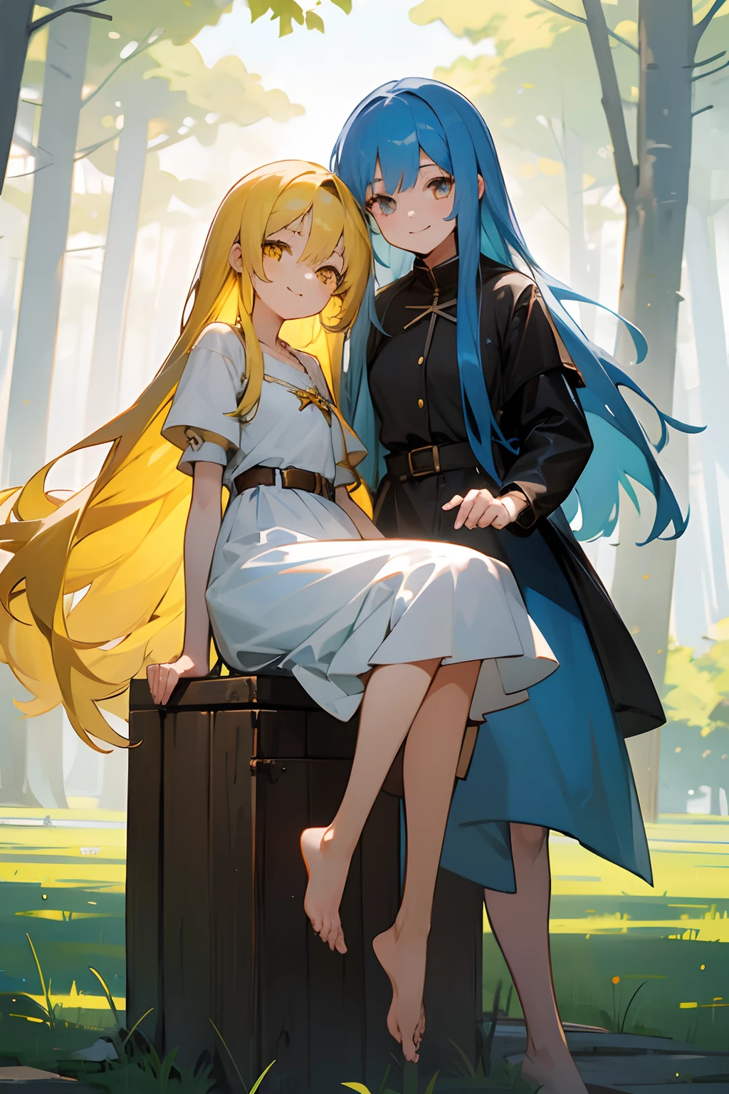 2 white anime girls. The girl on the left: "long blue hair, blue eyes, long plain white dress, leather belt, barefoot, sitting on a wooden stool, smiling, looking to the viewer." The girl on the right: "long yellow hair, yellow eyes, long plain white dress, leather belt, barefoot, standing, looking to the girl on the left, smiling face." The 2 girls are far away from each other. Grassy field, forest background.