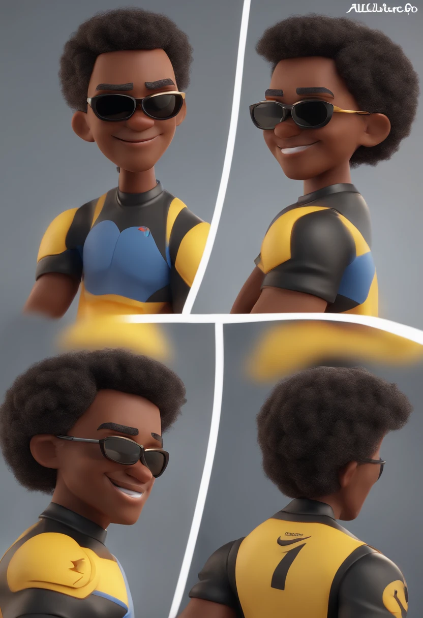 Cartoon character of a man with black skin, sunglasses and athletic body, Caractere estilizado, animation style rendering, 3D estilizado, Arnold Maya render, 3 d render stylized, toon render keyshot, Personagem 3D, Personagem 3D, 3d rendering stylized, 3 d character render, personagem de desenho animado, Personagem de close up, Pose de personagem, (Estilo Pixar) (master part:1.2) (Bokeh) (best quality) (pele detalhada) (textura detalhada) (8k) (argila) (Cinematic lighting) (foco nítido