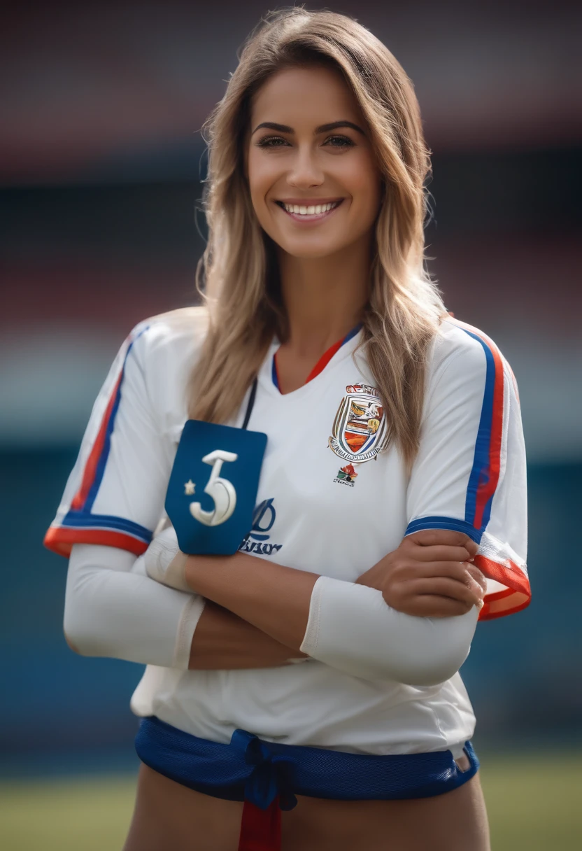 (fundo cinzento:1.5, Fechar Tiro:1), (fotorrealista:1.4), (best quality:1.0), (Ultra Highres:1.0), 8k, Foto RAW, (master part:0.2), 1girl, pele bonita, pele detalhada, grande sorriso, dente, (short hair:1), (uniforme de futebol:1.2)