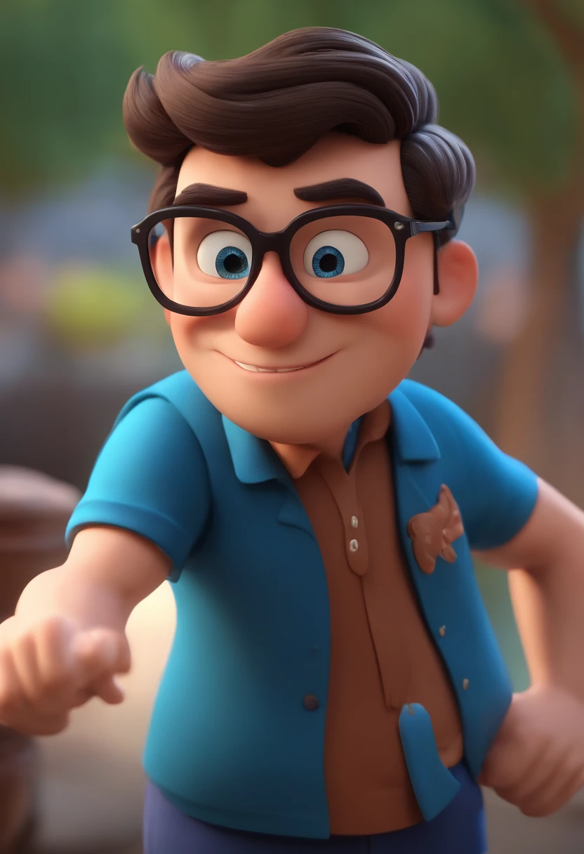 Cartoon character of a man wearing black glasses and a blue shirt, um personagem animado, Caractere estilizado, animation style rendering, 3D estilizado, Arnold Maya render, 3 d render stylized, toon render keyshot, Personagem 3D, Personagem 3D, 3d rendering stylized, 3 d character render, personagem de desenho animado, Personagem de close up, Pose de personagem, (Estilo Pixar) (master part:1.2) (Bokeh) (best quality) (pele detalhada) (textura detalhada) (8k) (argila) (Cinematic lighting) (foco nítido,Senta e vaza a parte superior do corpo